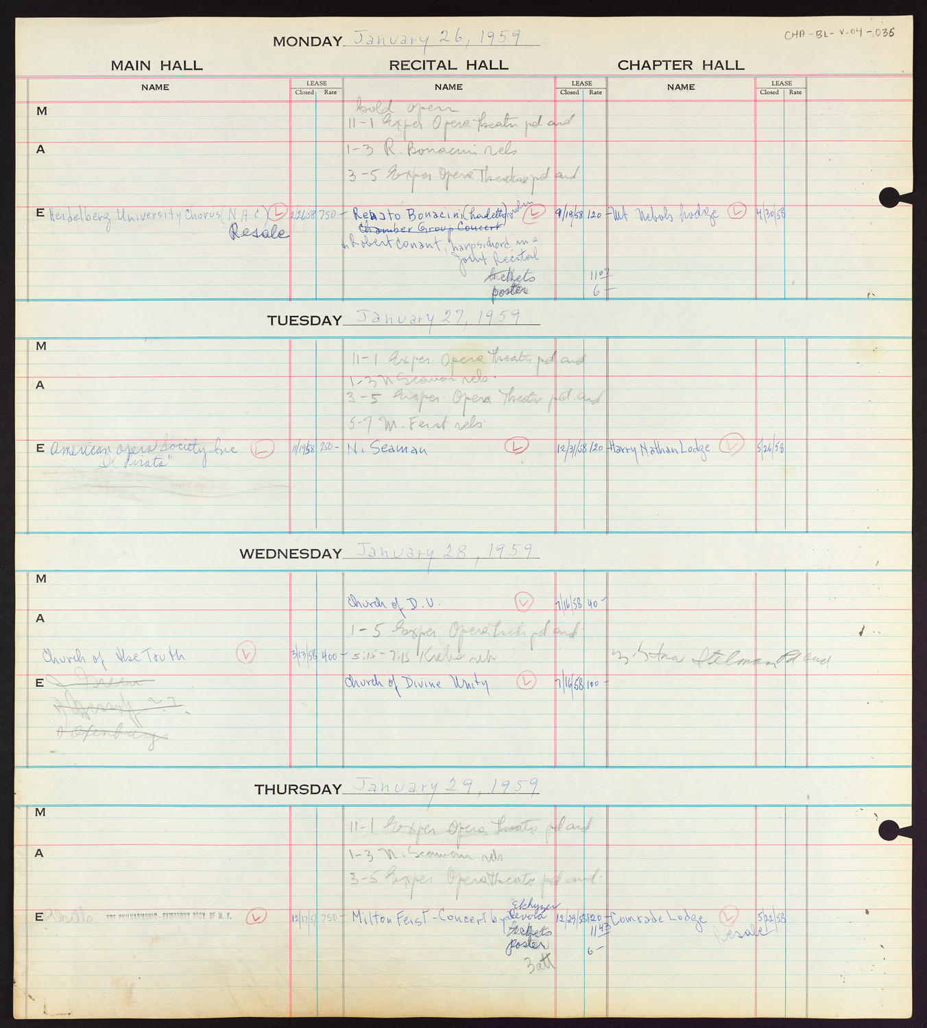 Carnegie Hall Booking Ledger, volume 4, page 36