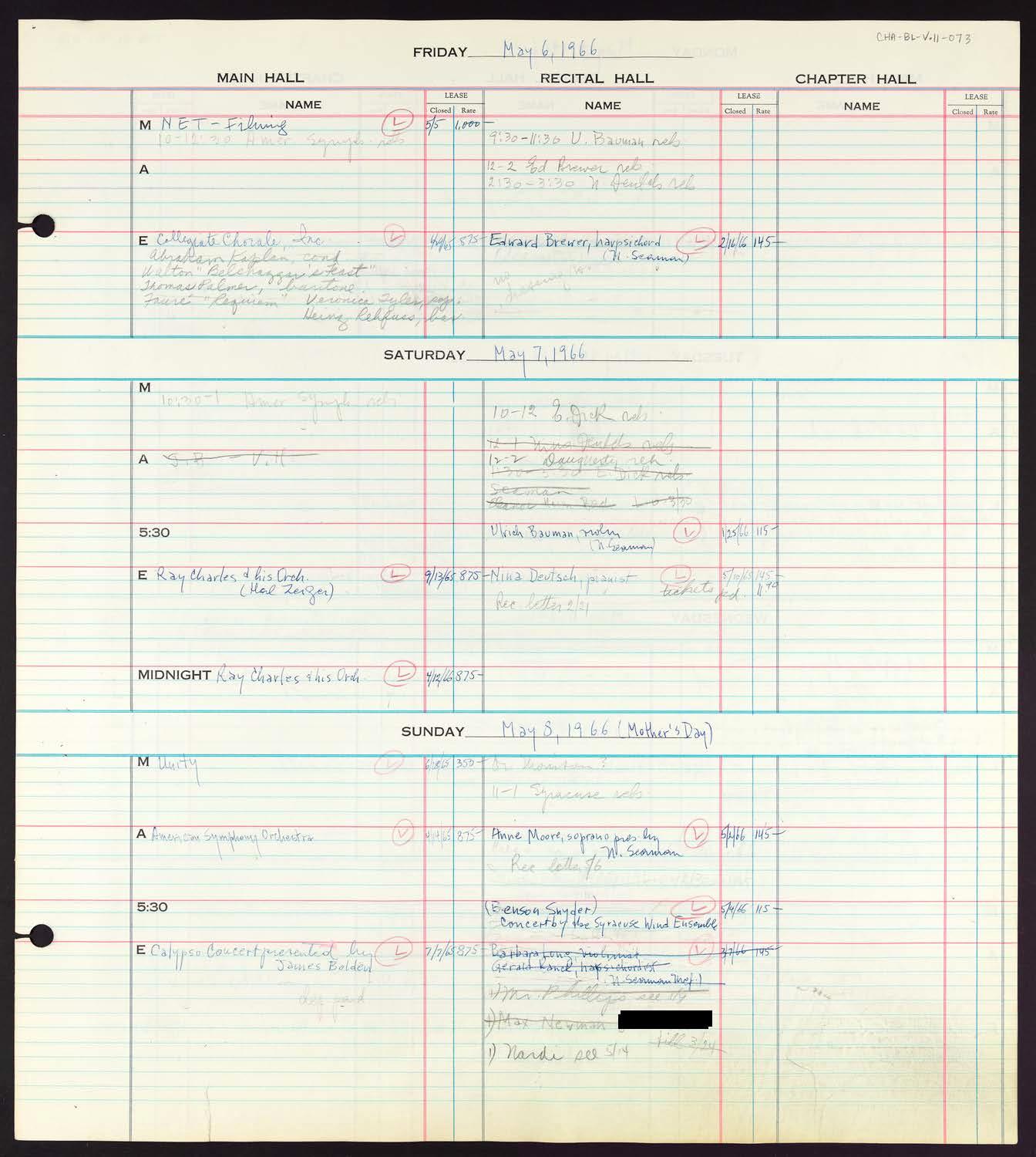 Carnegie Hall Booking Ledger, volume 11, page 73