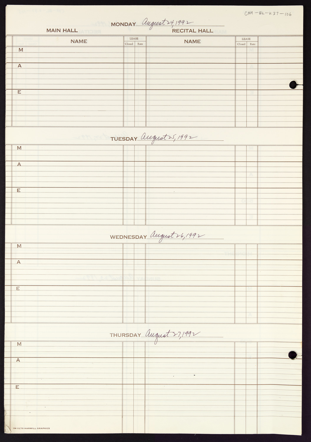 Carnegie Hall Booking Ledger, volume 37, page 106