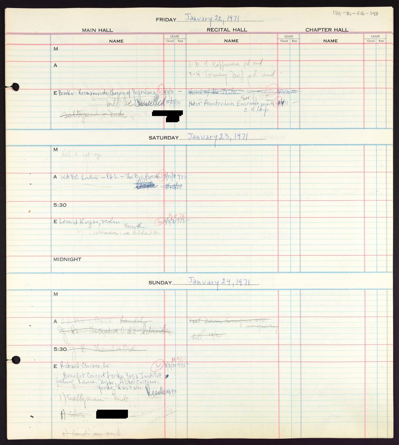 Carnegie Hall Booking Ledger, volume 16, page 43