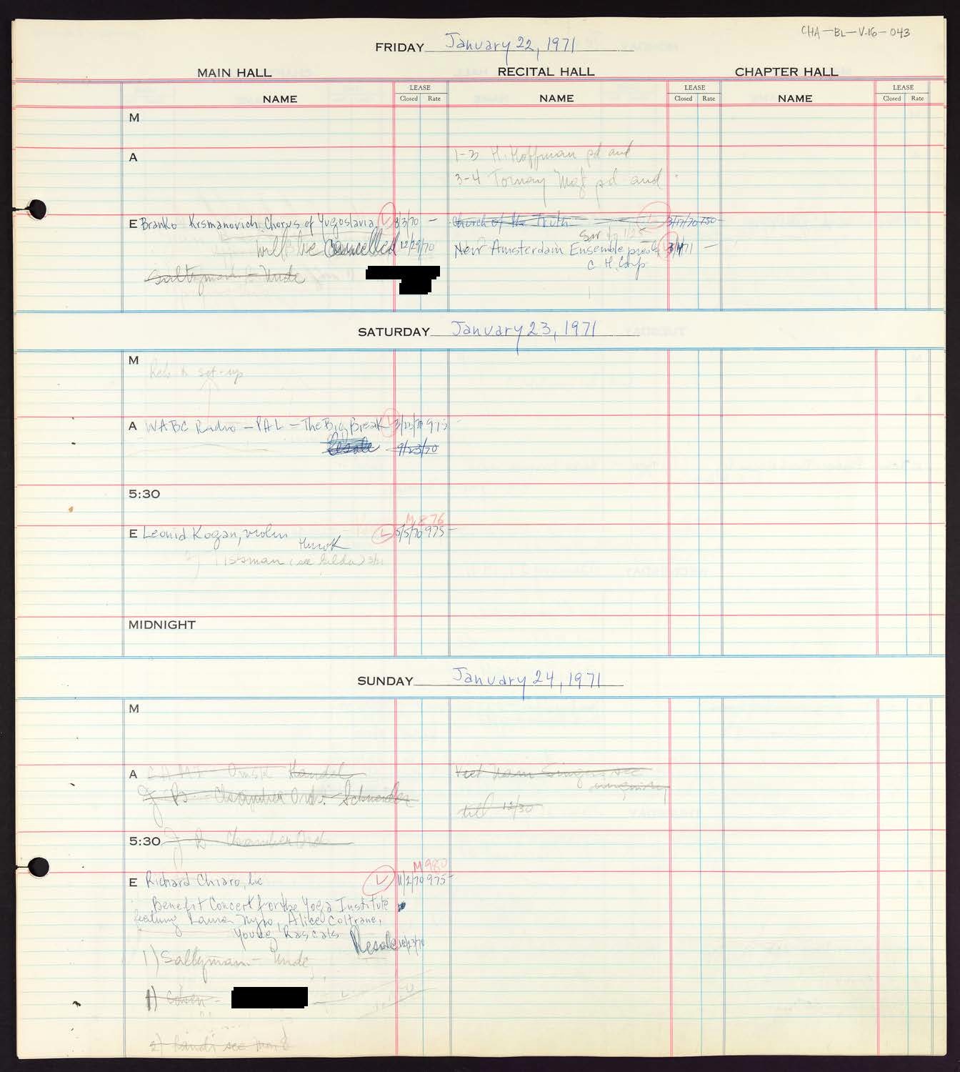 Carnegie Hall Booking Ledger, volume 16, page 43