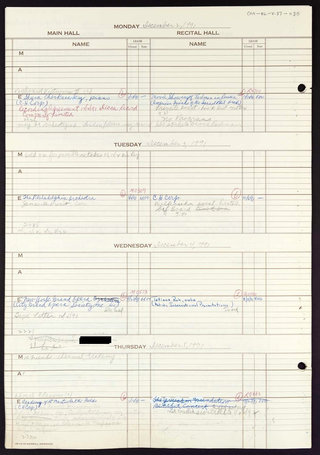 Carnegie Hall Booking Ledger, volume 37, page 30