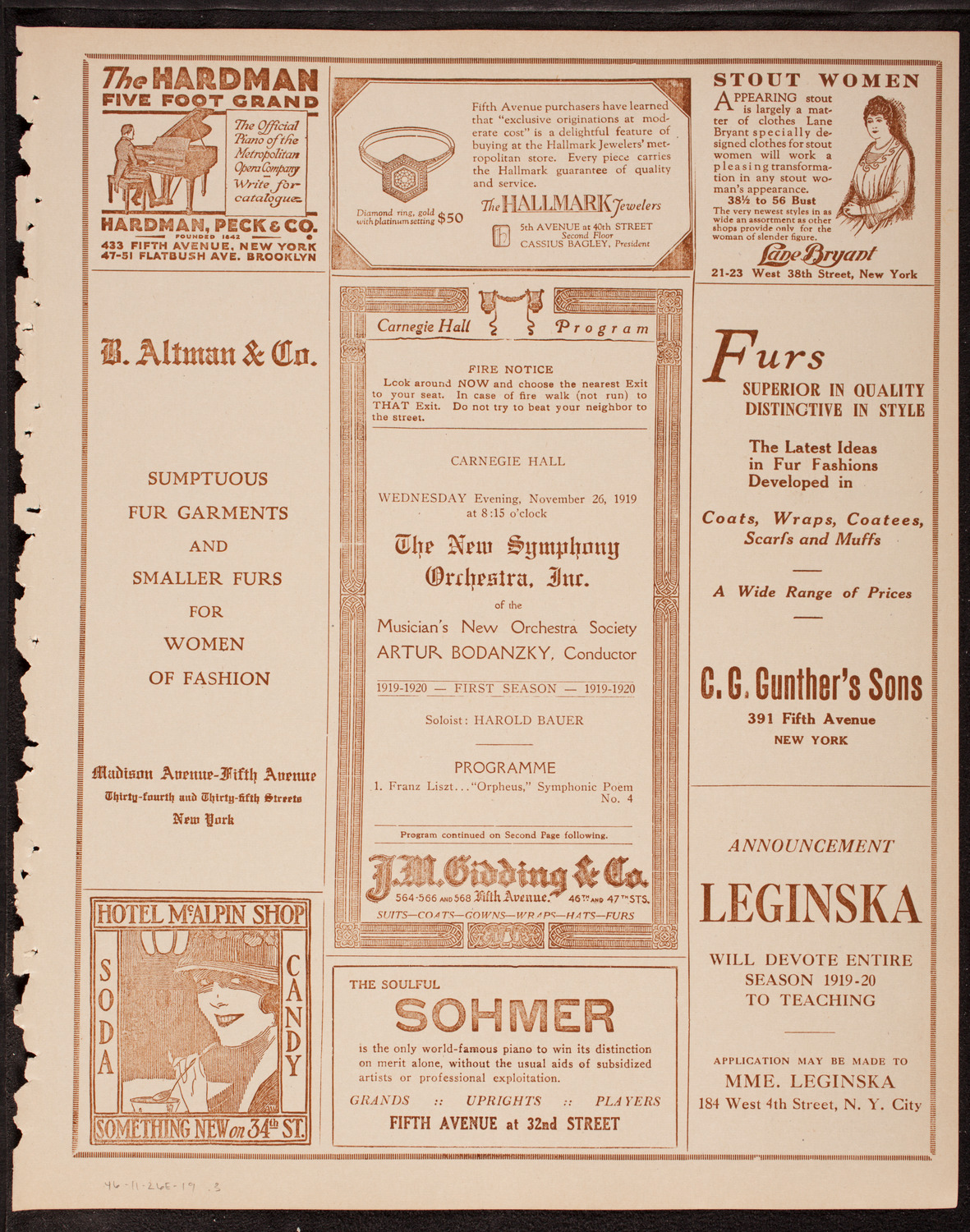 New Symphony Orchestra, November 26, 1919, program page 5