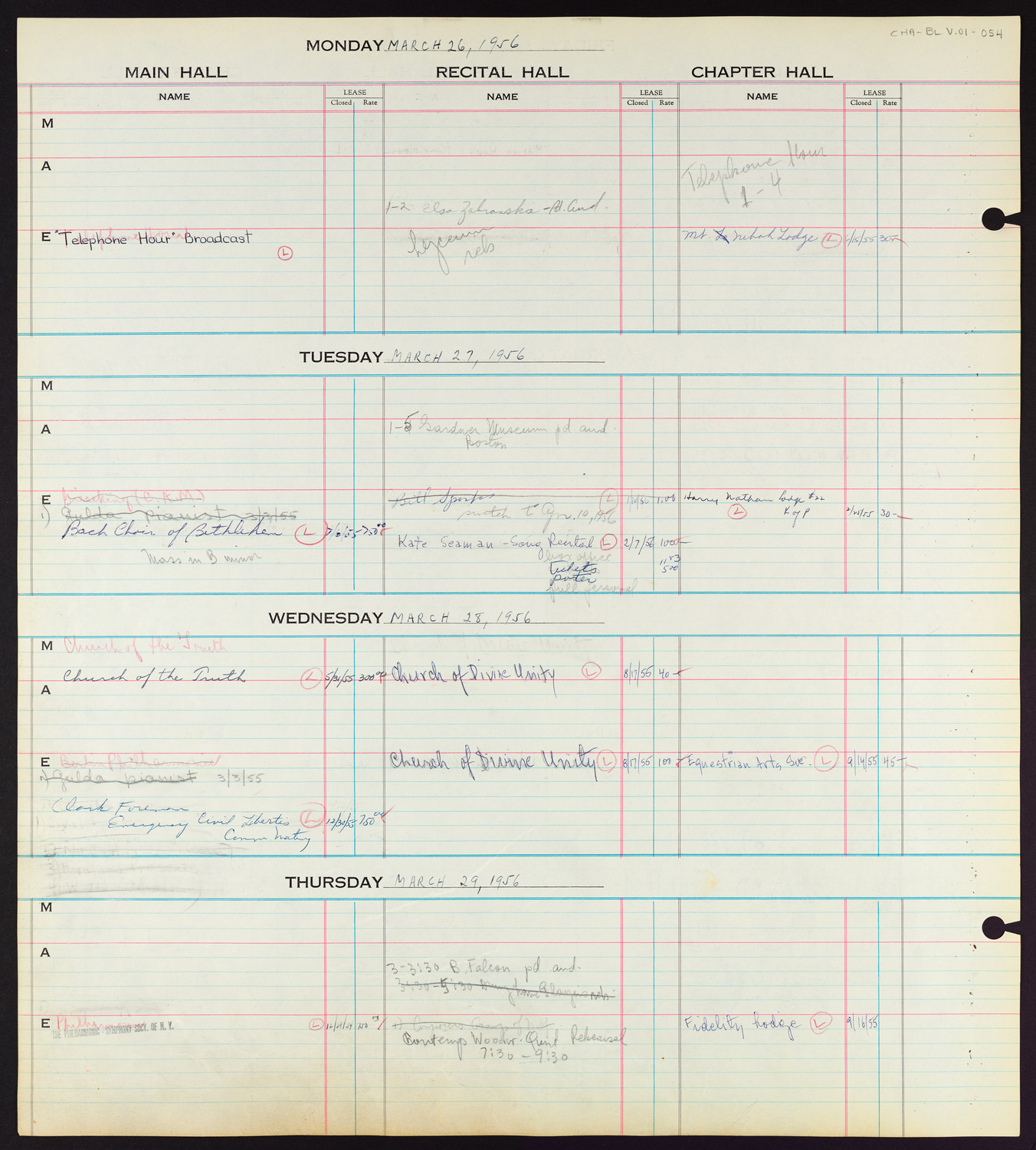 Carnegie Hall Booking Ledger, volume 1, page 54