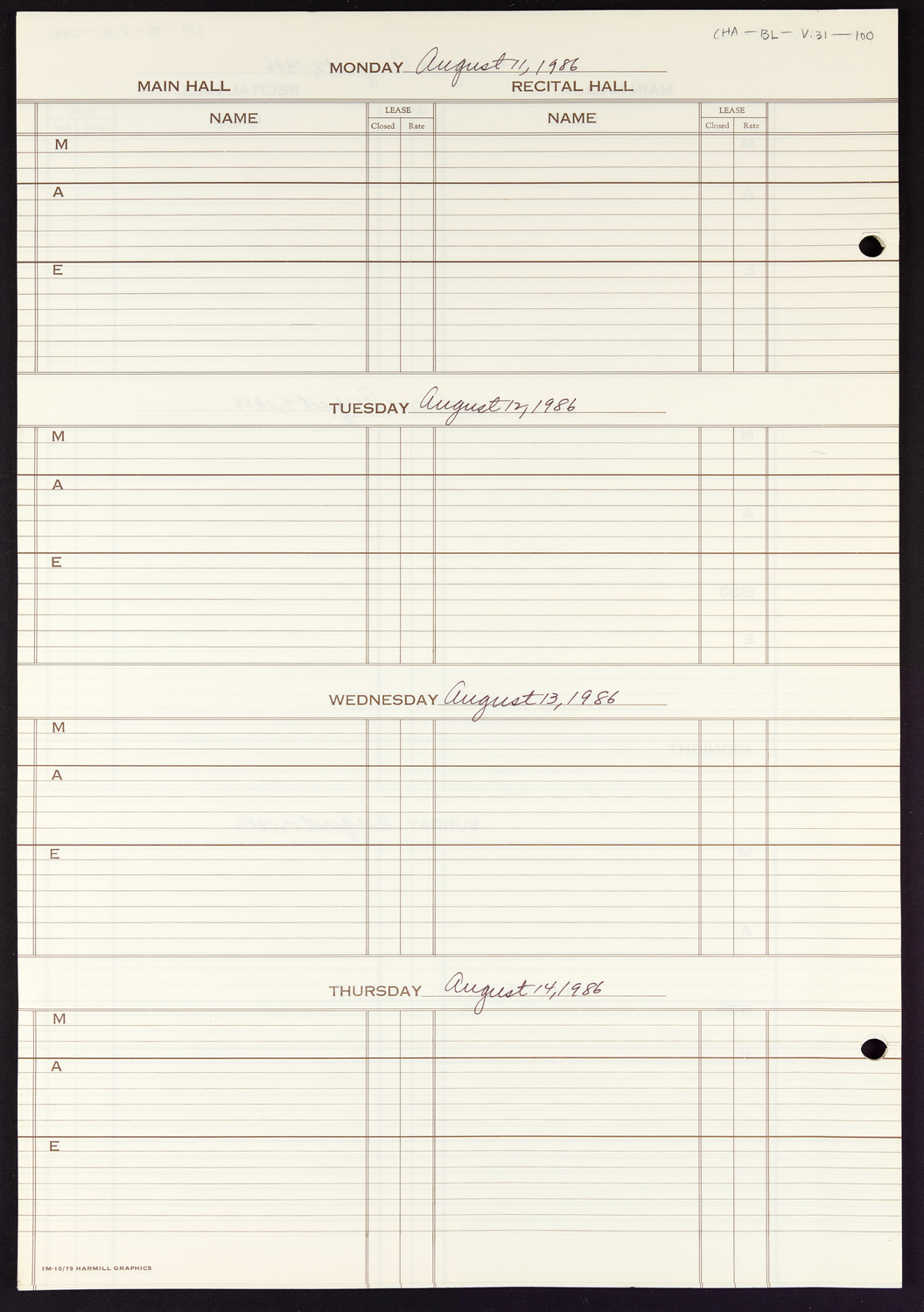 Carnegie Hall Booking Ledger, volume 31, page 100
