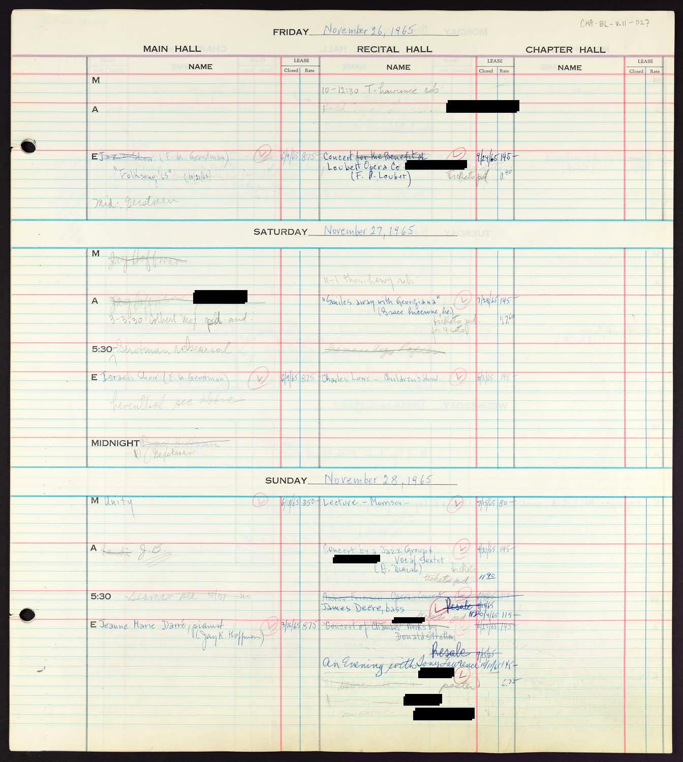 Carnegie Hall Booking Ledger, volume 11, page 27