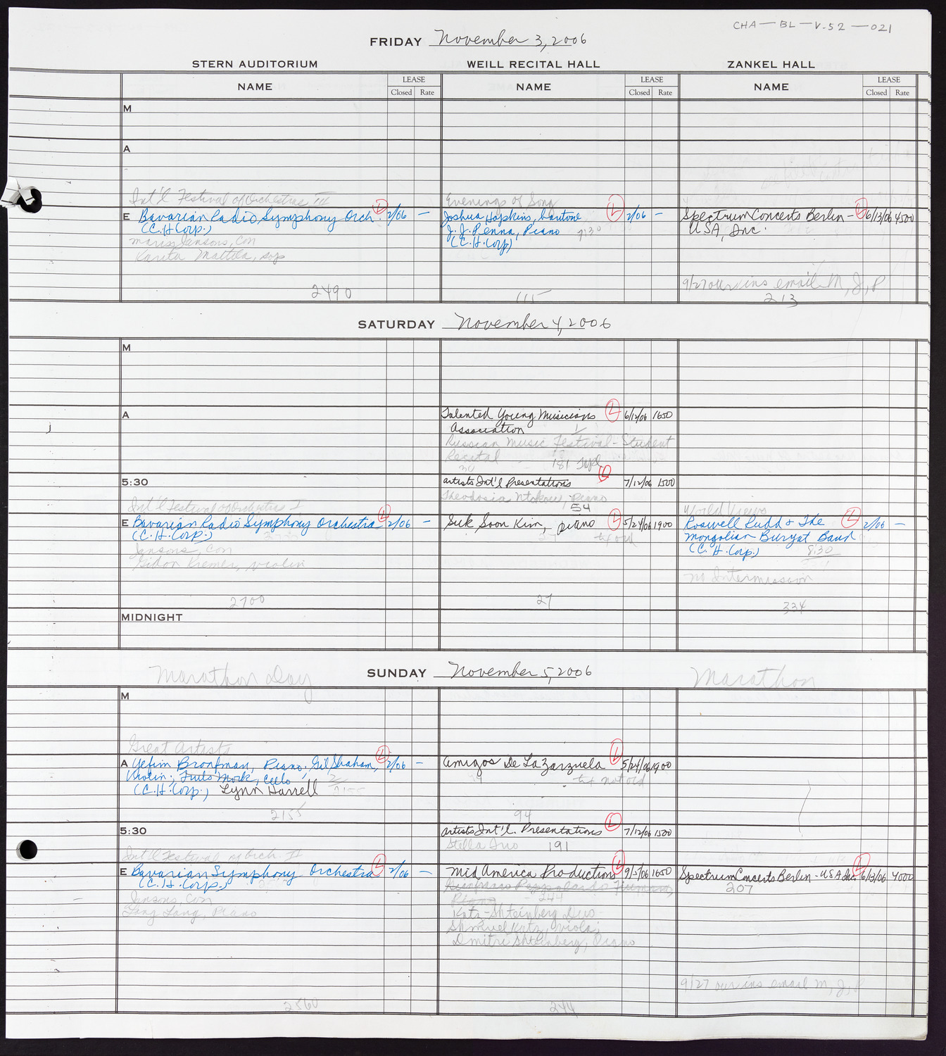 Carnegie Hall Booking Ledger, volume 52, page 21