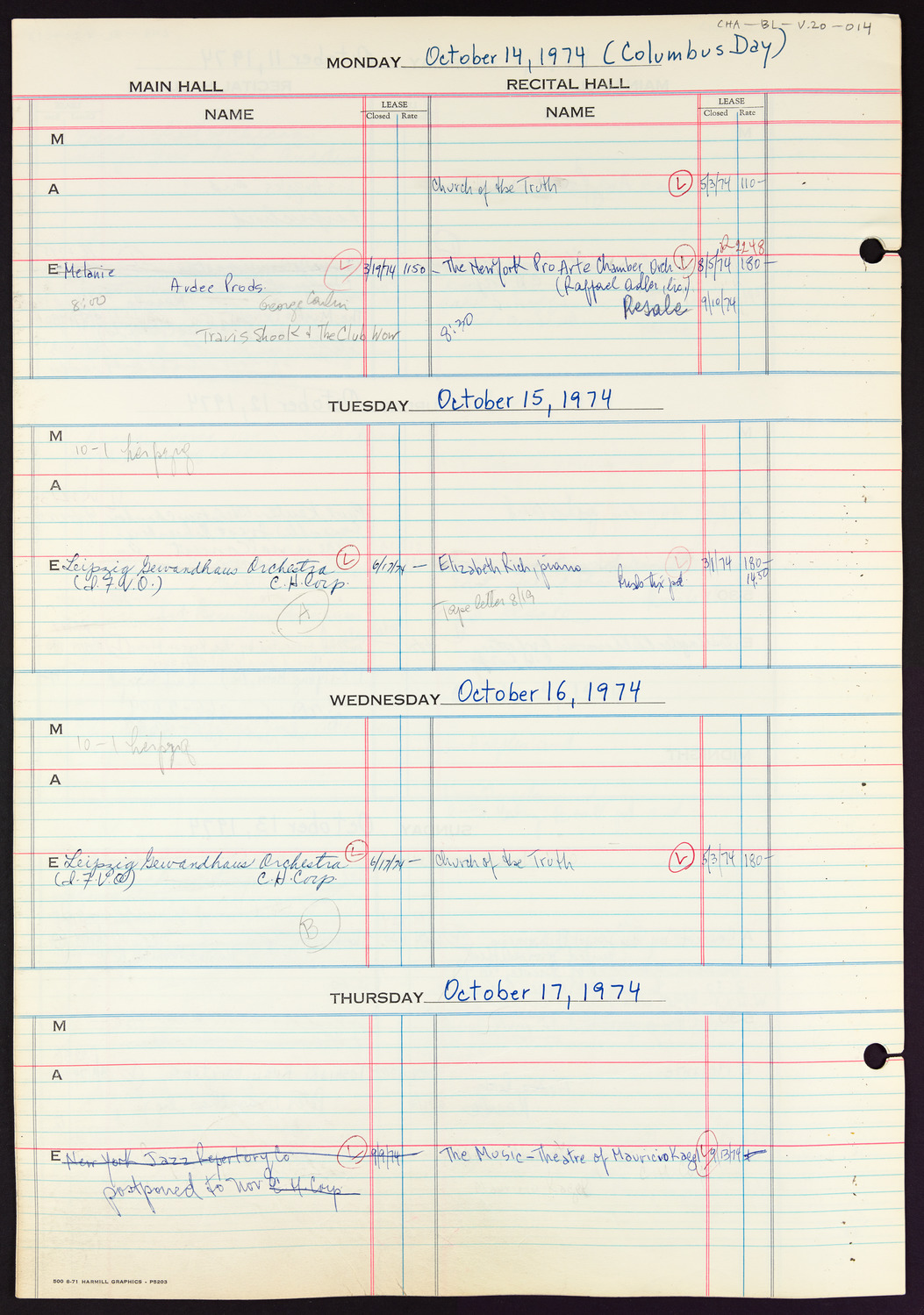 Carnegie Hall Booking Ledger, volume 20, page 14