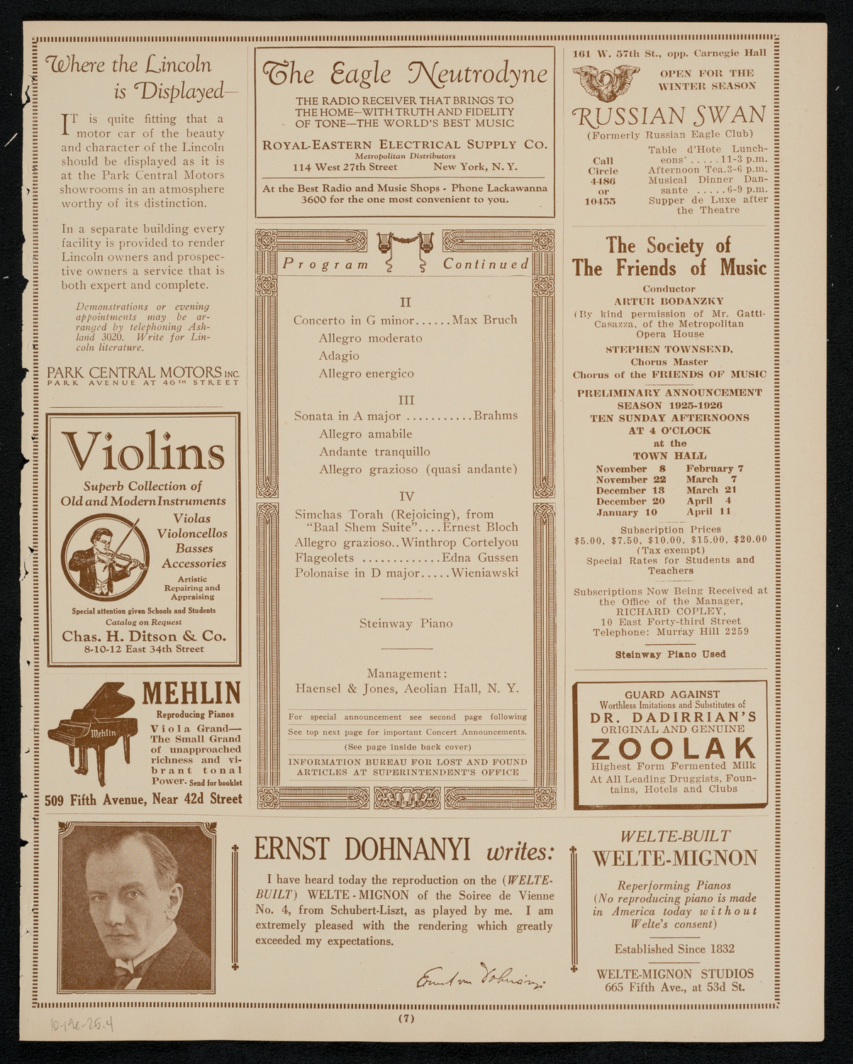 Francis MacMillen, Violin, October 19, 1925, program page 7