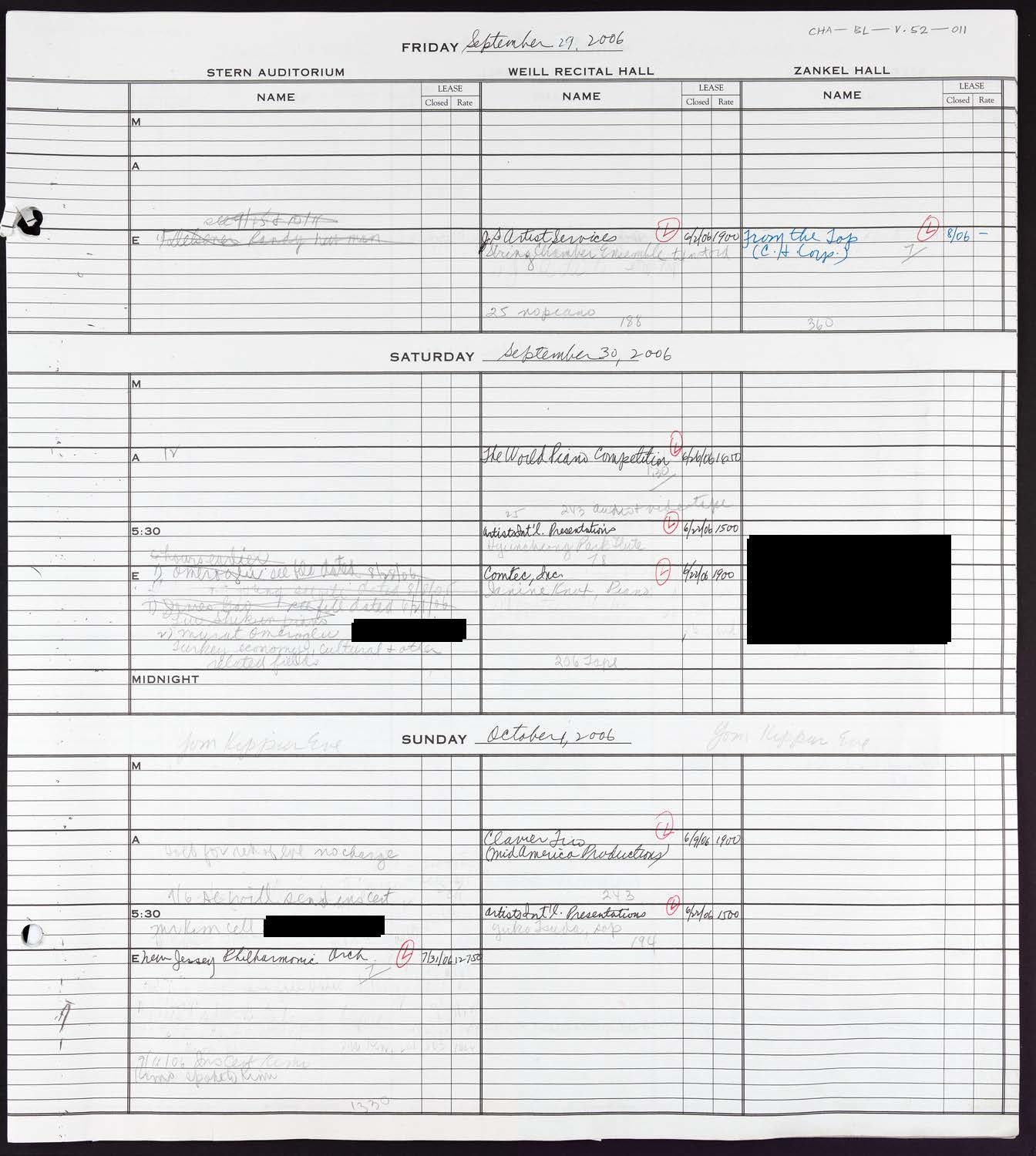 Carnegie Hall Booking Ledger, volume 52, page 11