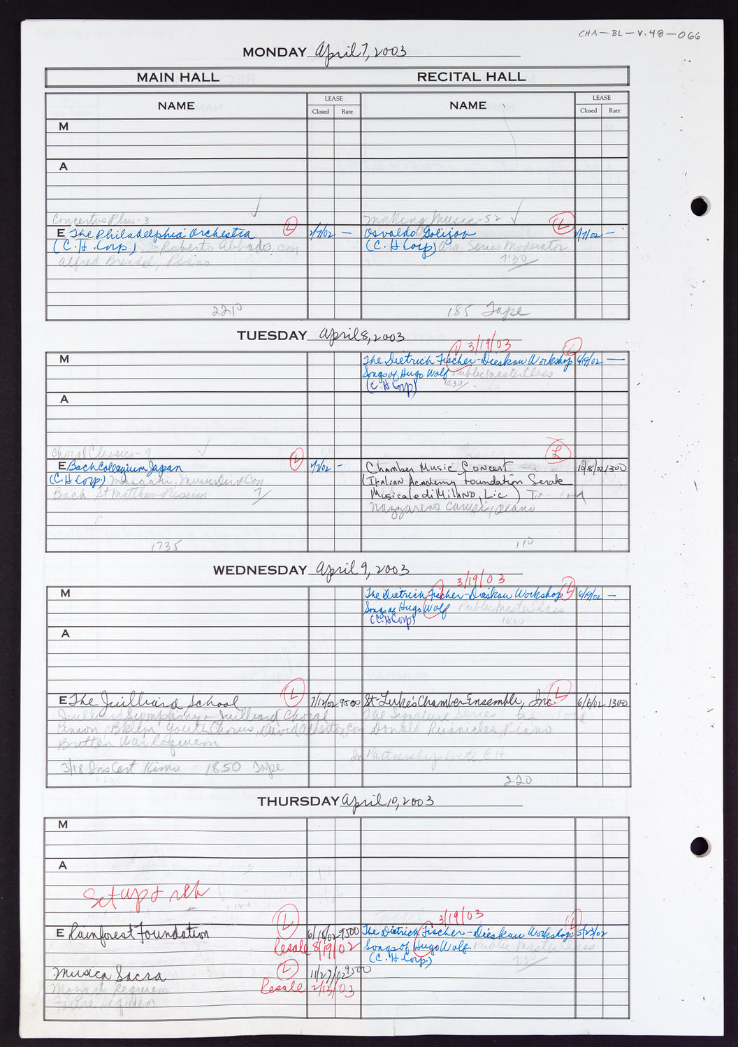 Carnegie Hall Booking Ledger, volume 48, page 66