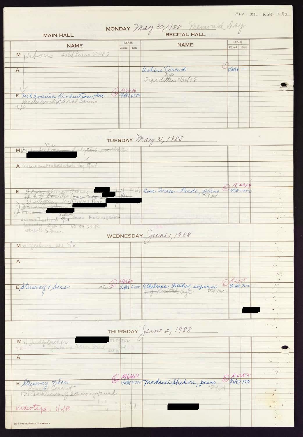 Carnegie Hall Booking Ledger, volume 33, page 82