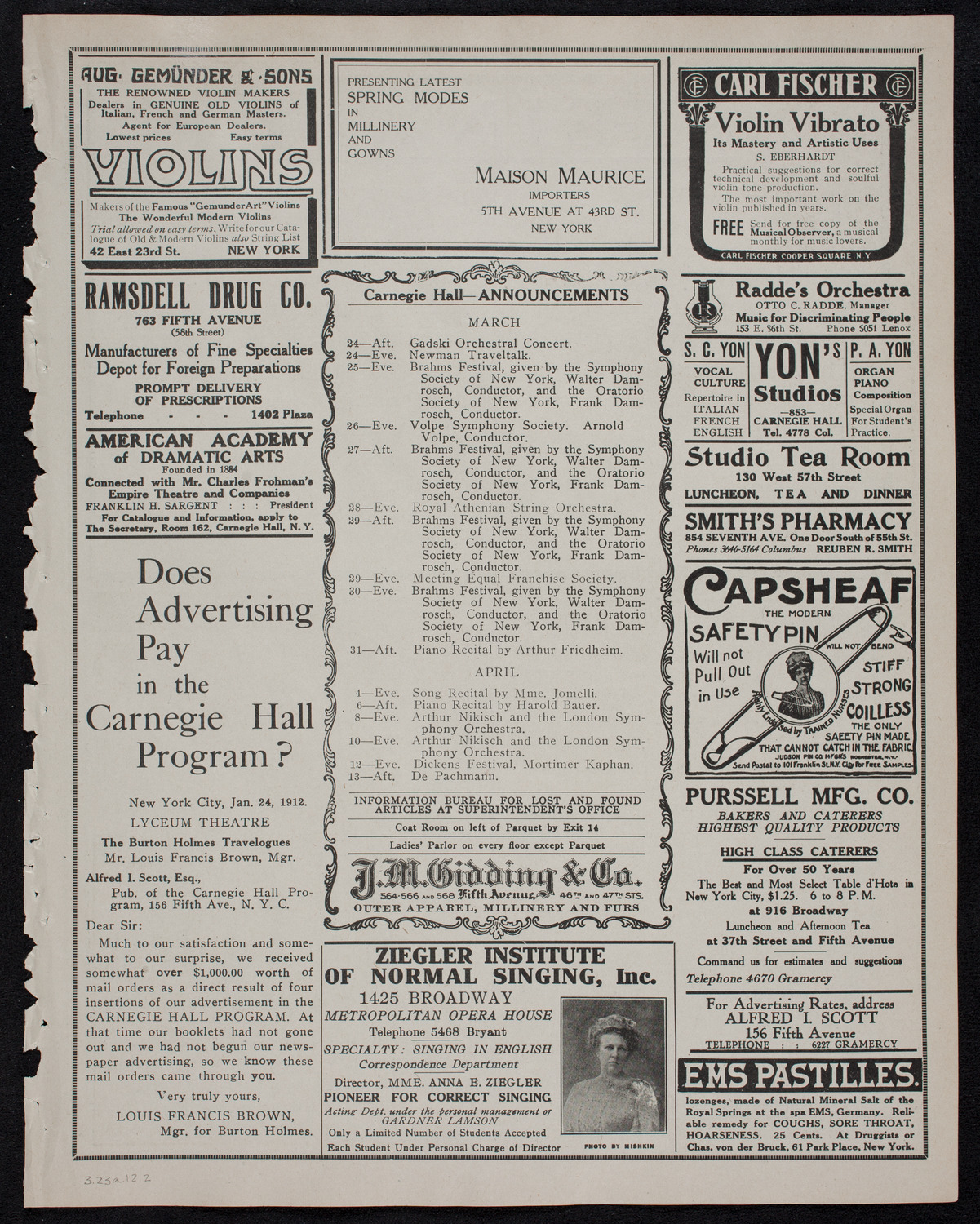 Boston Symphony Orchestra, March 23, 1912, program page 3