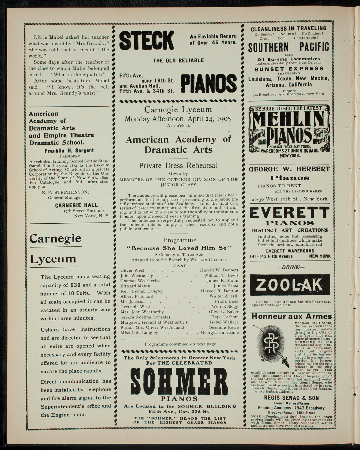 American Academy of Dramatic Arts Private Dress Rehearsal, April 24, 1905, program page 2