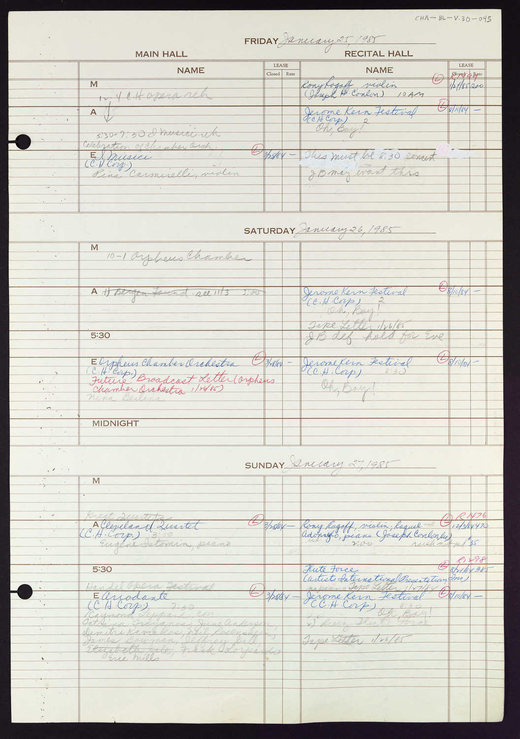 Carnegie Hall Booking Ledger, volume 30, page 45