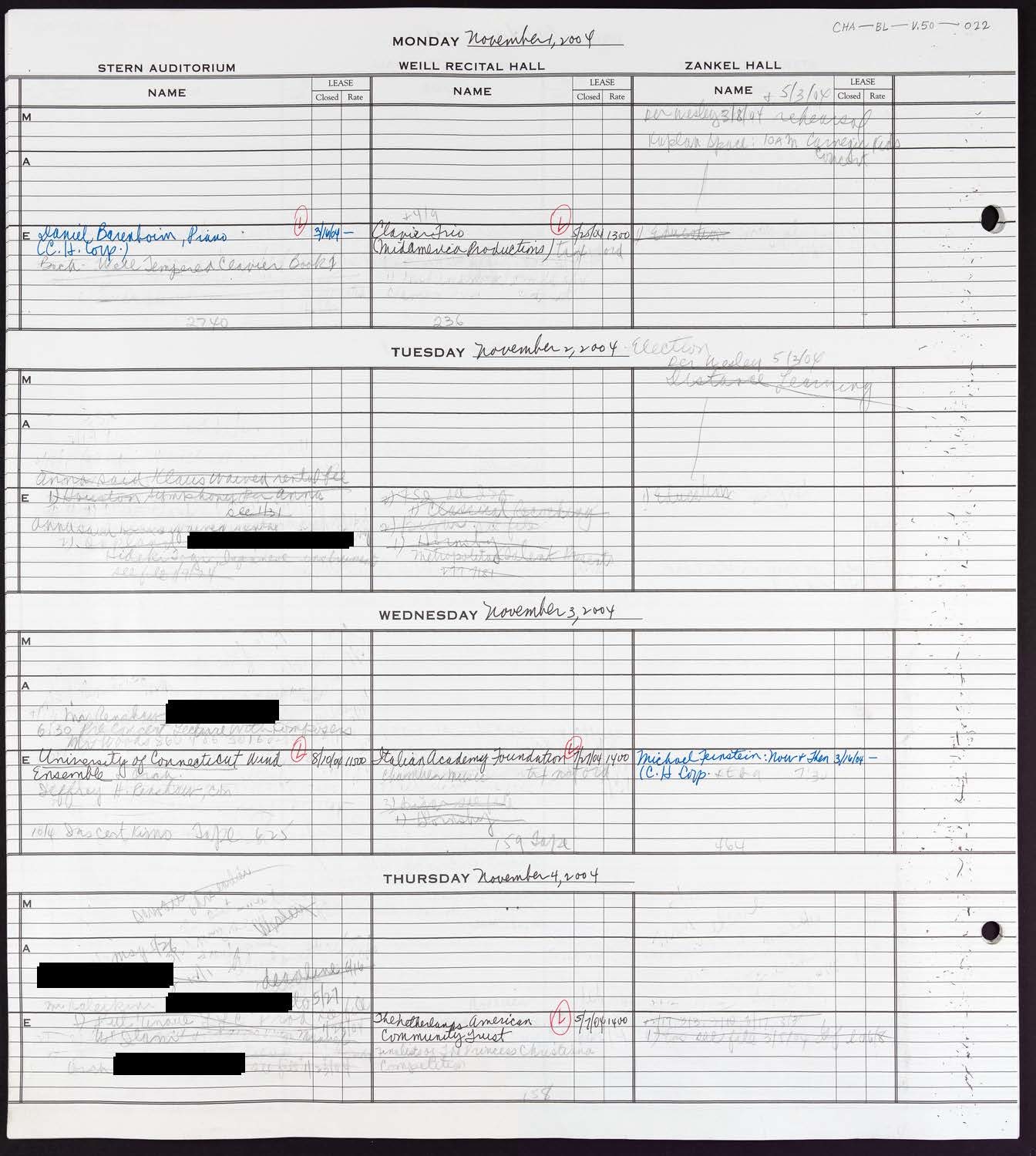 Carnegie Hall Booking Ledger, volume 50, page 22