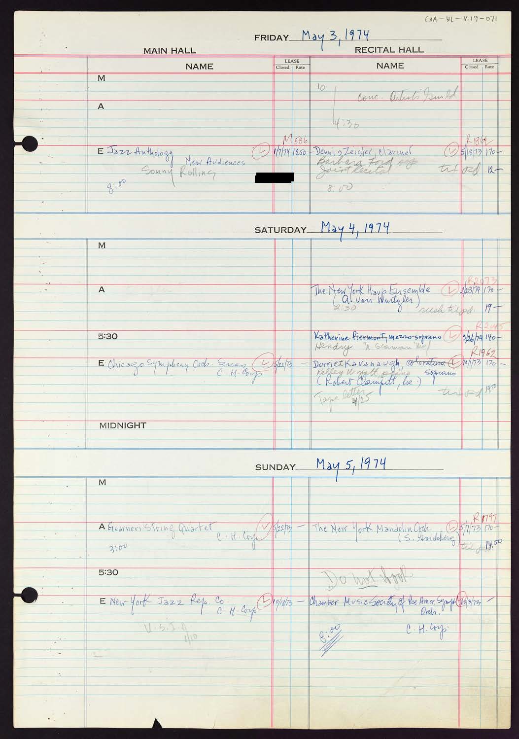 Carnegie Hall Booking Ledger, volume 19, page 71