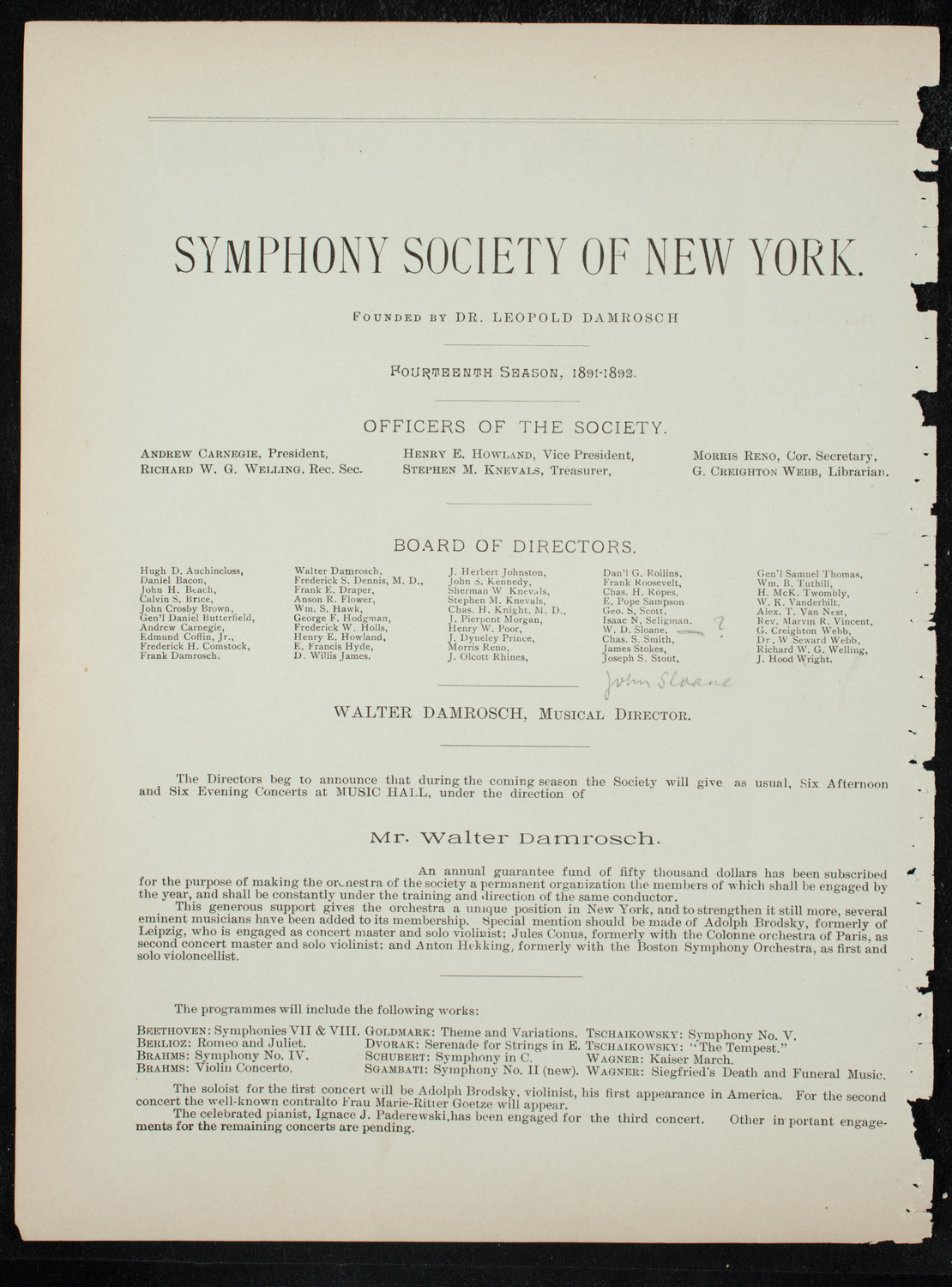Damrosch Sunday Concert, December 13, 1891, program page 2
