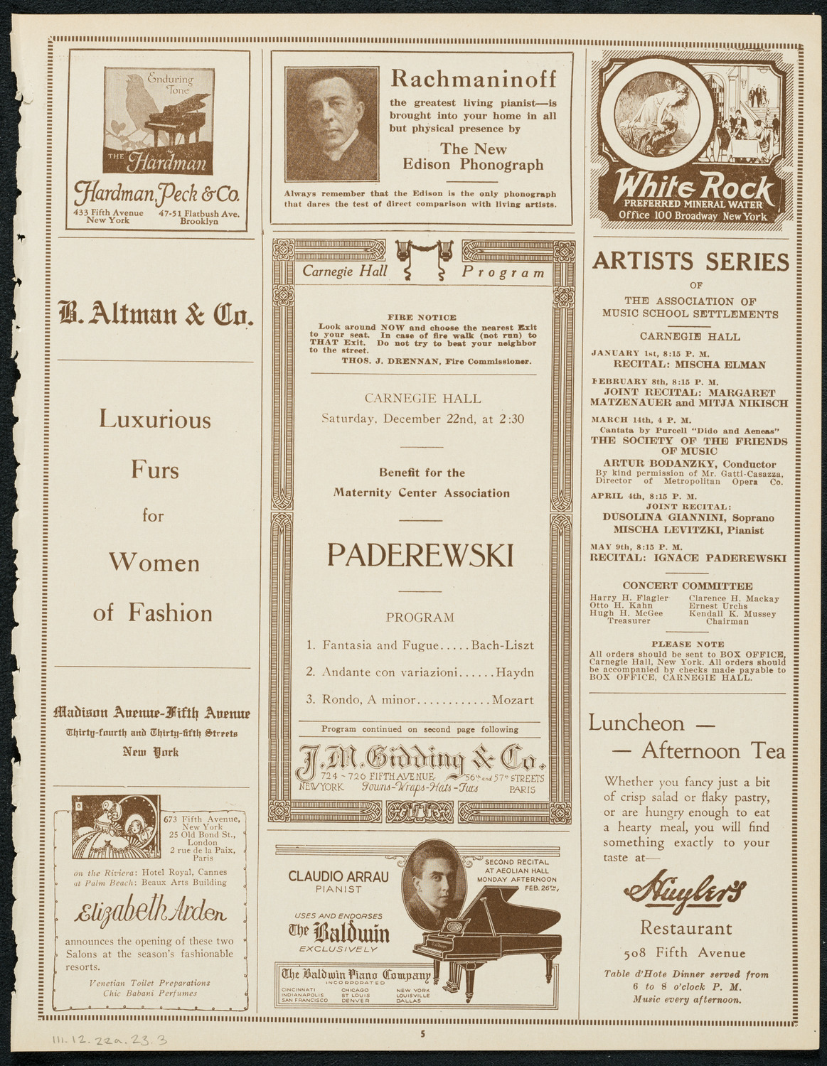 Ignacy Jan Paderewski, Piano, December 22, 1923, program page 5