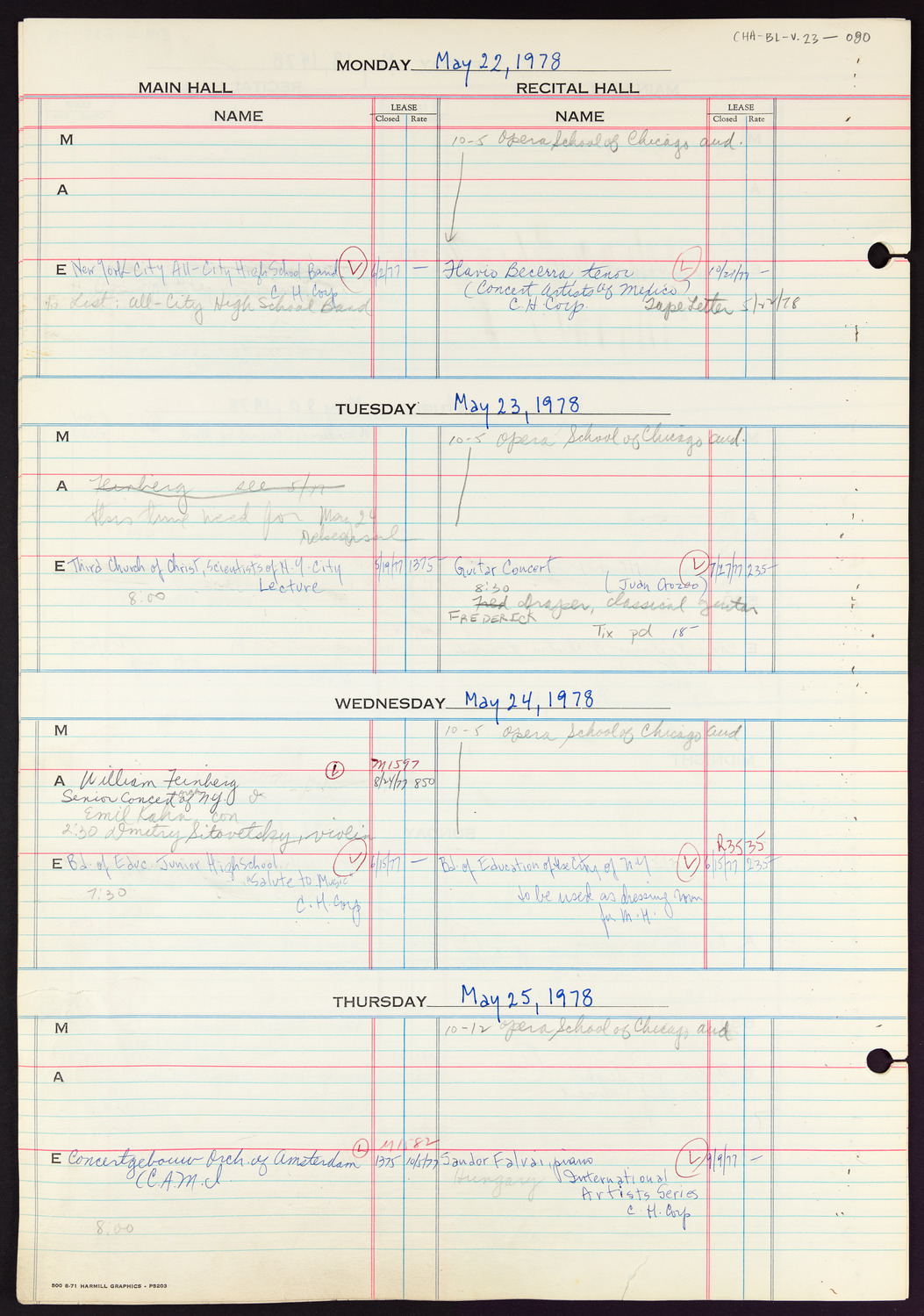 Carnegie Hall Booking Ledger, volume 23, page 80