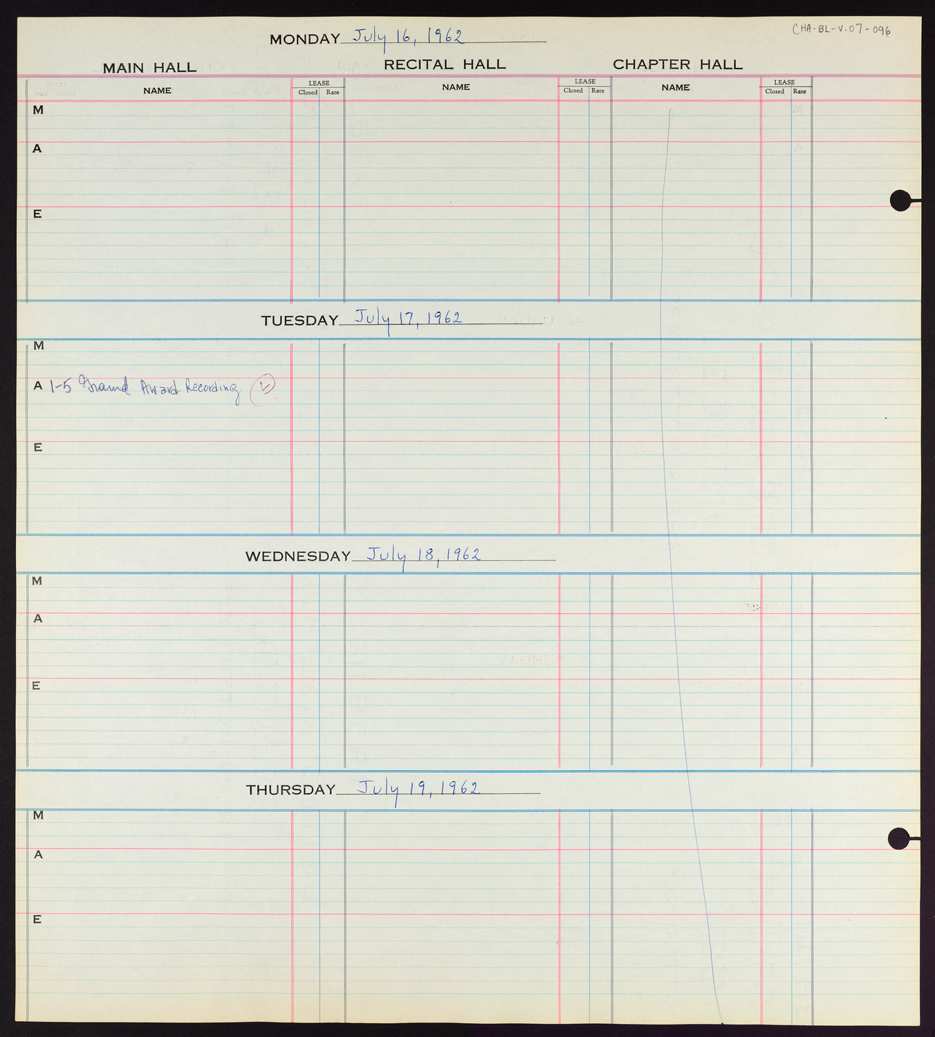 Carnegie Hall Booking Ledger, volume 7, page 96