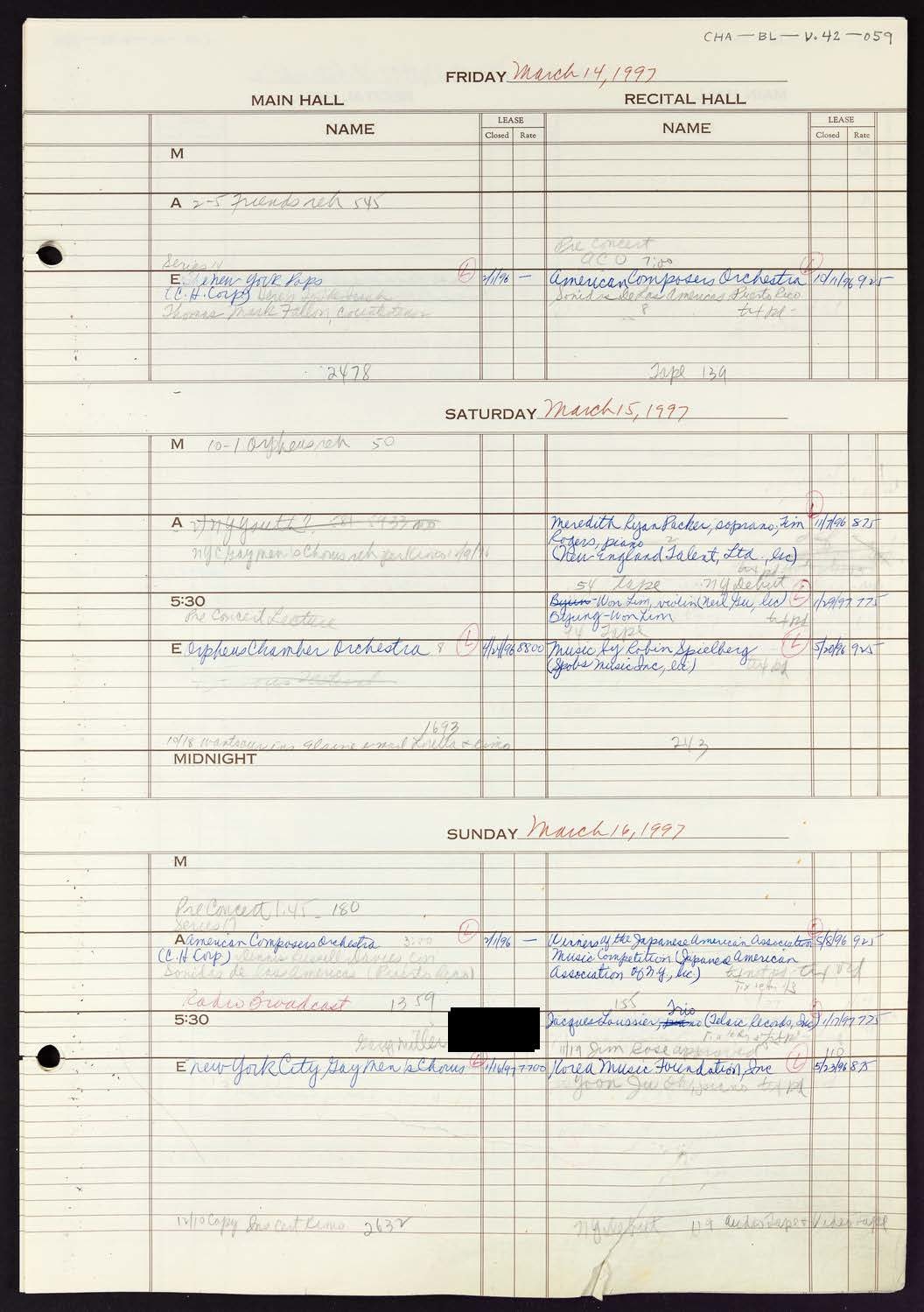 Carnegie Hall Booking Ledger, volume 42, page 59