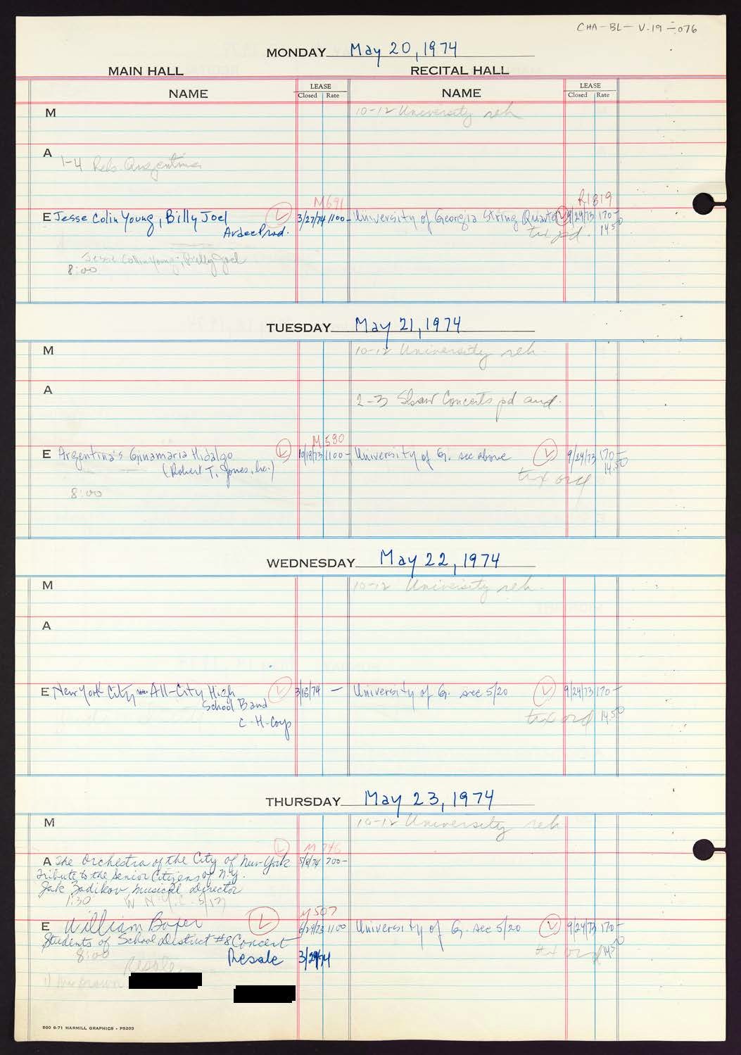 Carnegie Hall Booking Ledger, volume 19, page 76