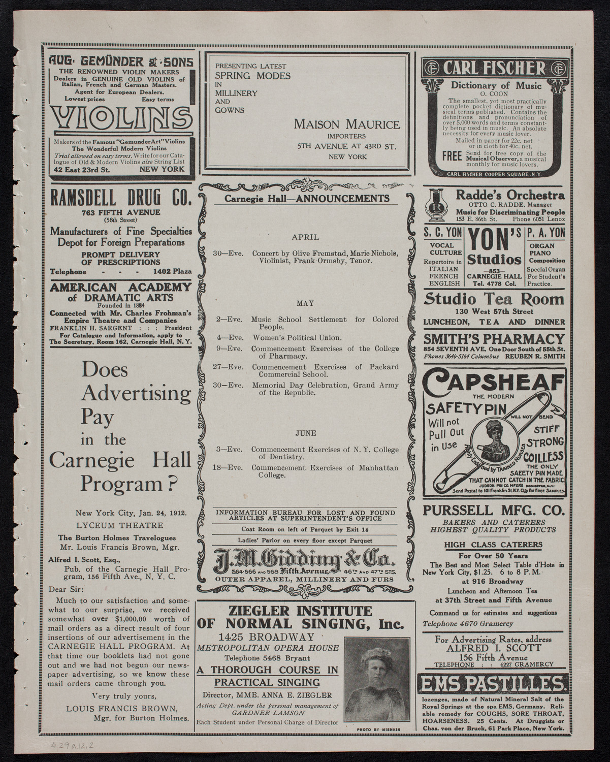 London Symphony Orchestra, April 29, 1912, program page 3