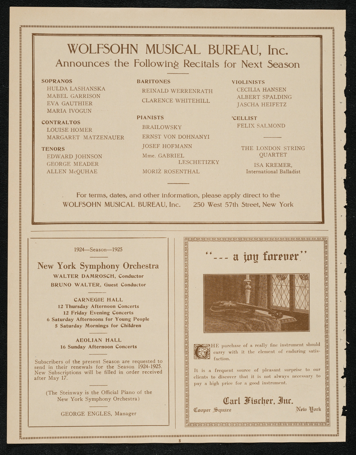 Isa Kremer, Soprano, Abracha Konevsky, Violin, Sara Sokolsky-Fried, Piano, and Josef Rosenblatt, Tenor, April 23, 1924, program page 8