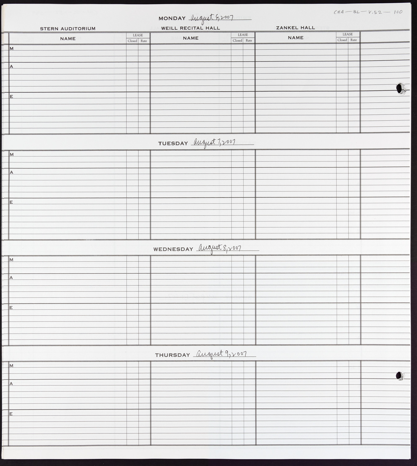 Carnegie Hall Booking Ledger, volume 52, page 100