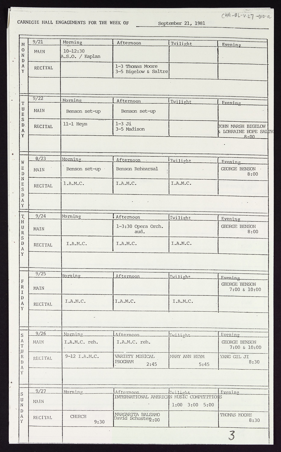 Carnegie Hall Booking Ledger, volume 27, page 10a