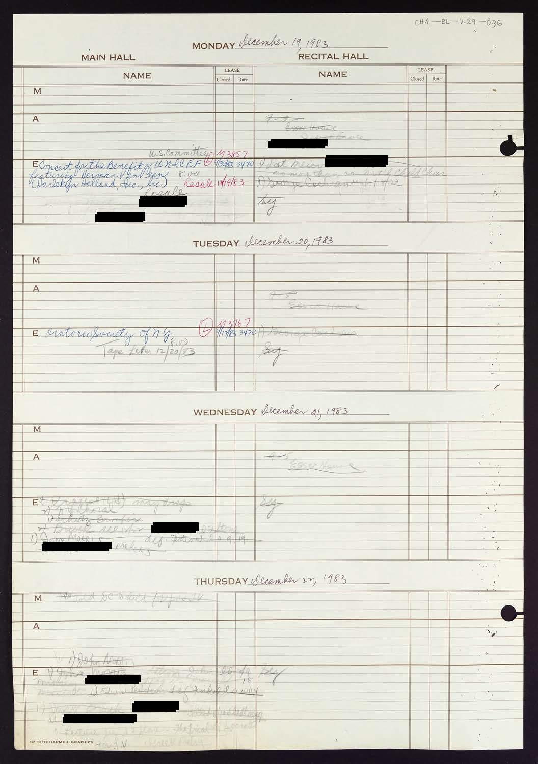 Carnegie Hall Booking Ledger, volume 29, page 36