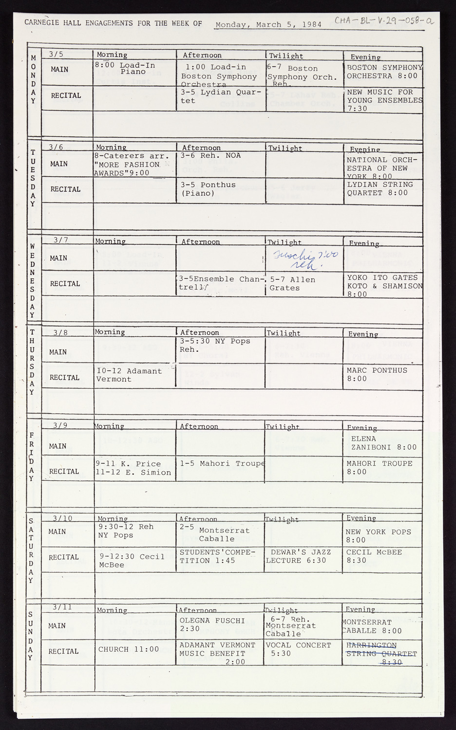 Carnegie Hall Booking Ledger, volume 29, page 58a