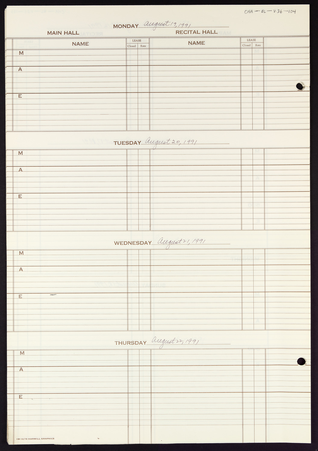 Carnegie Hall Booking Ledger, volume 36, page 104