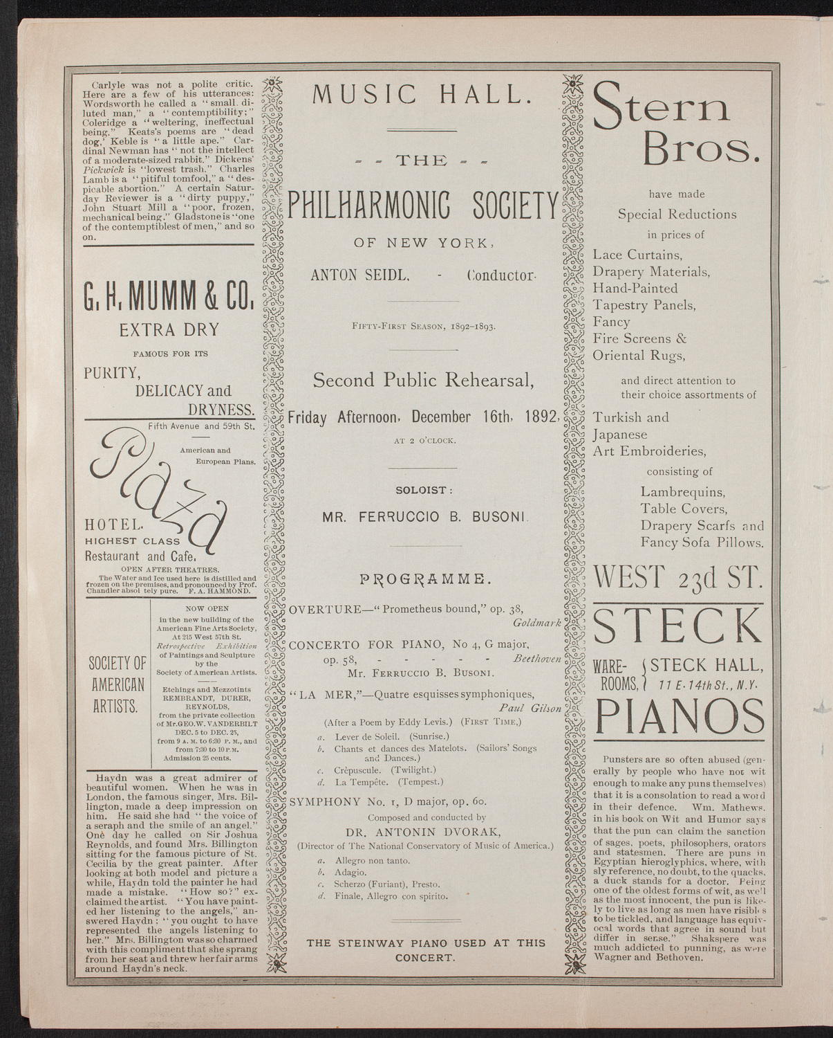 New York Philharmonic, December 16, 1892, program page 4