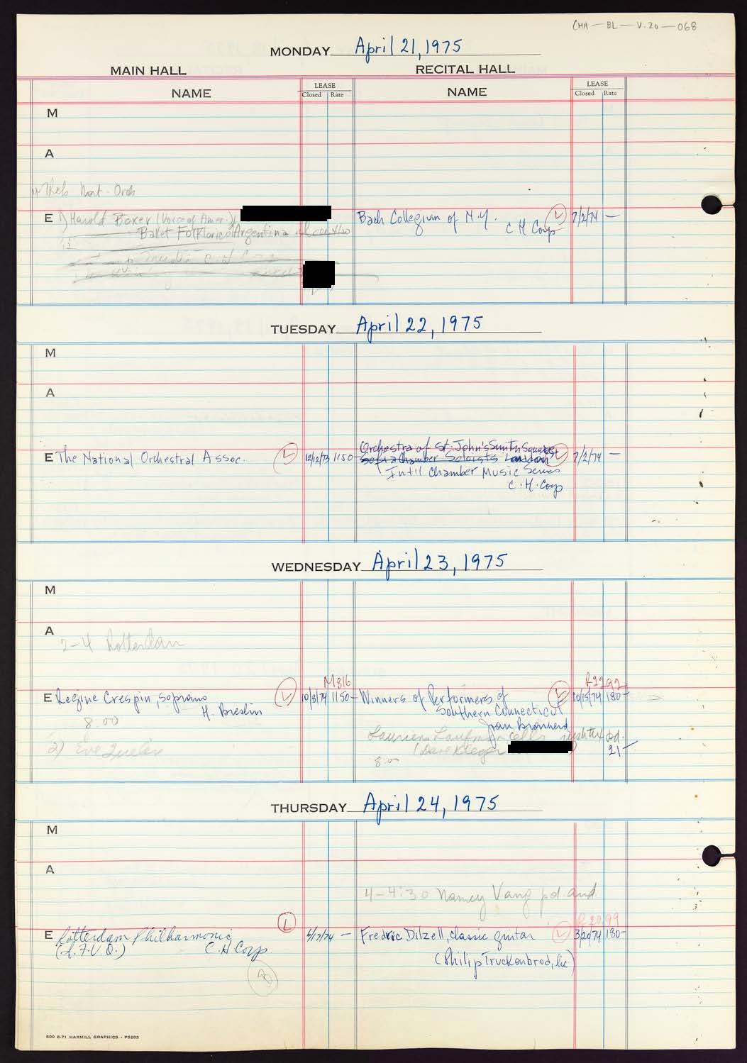 Carnegie Hall Booking Ledger, volume 20, page 68