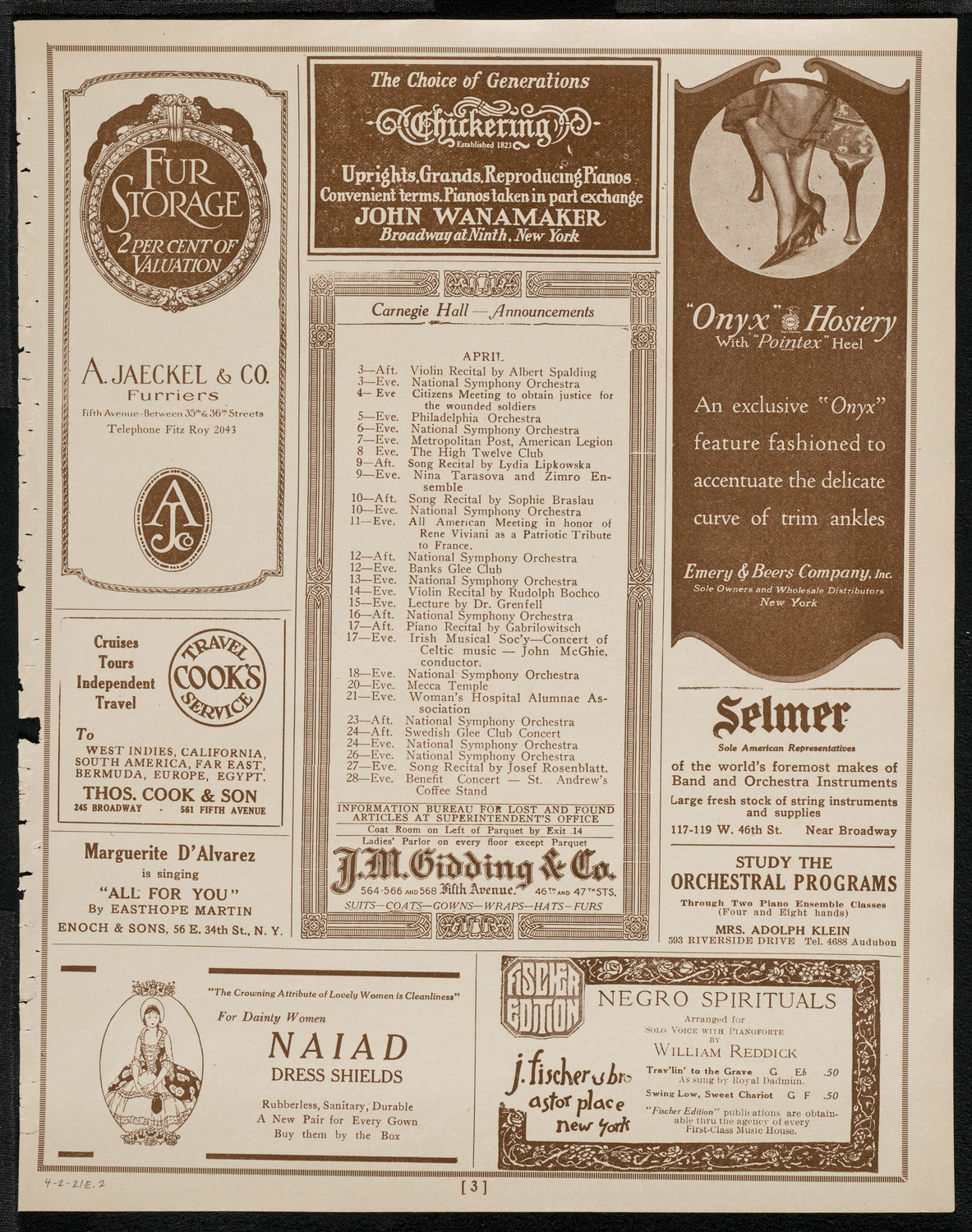 Mishel Piastro, Violin, April 2, 1921, program page 3