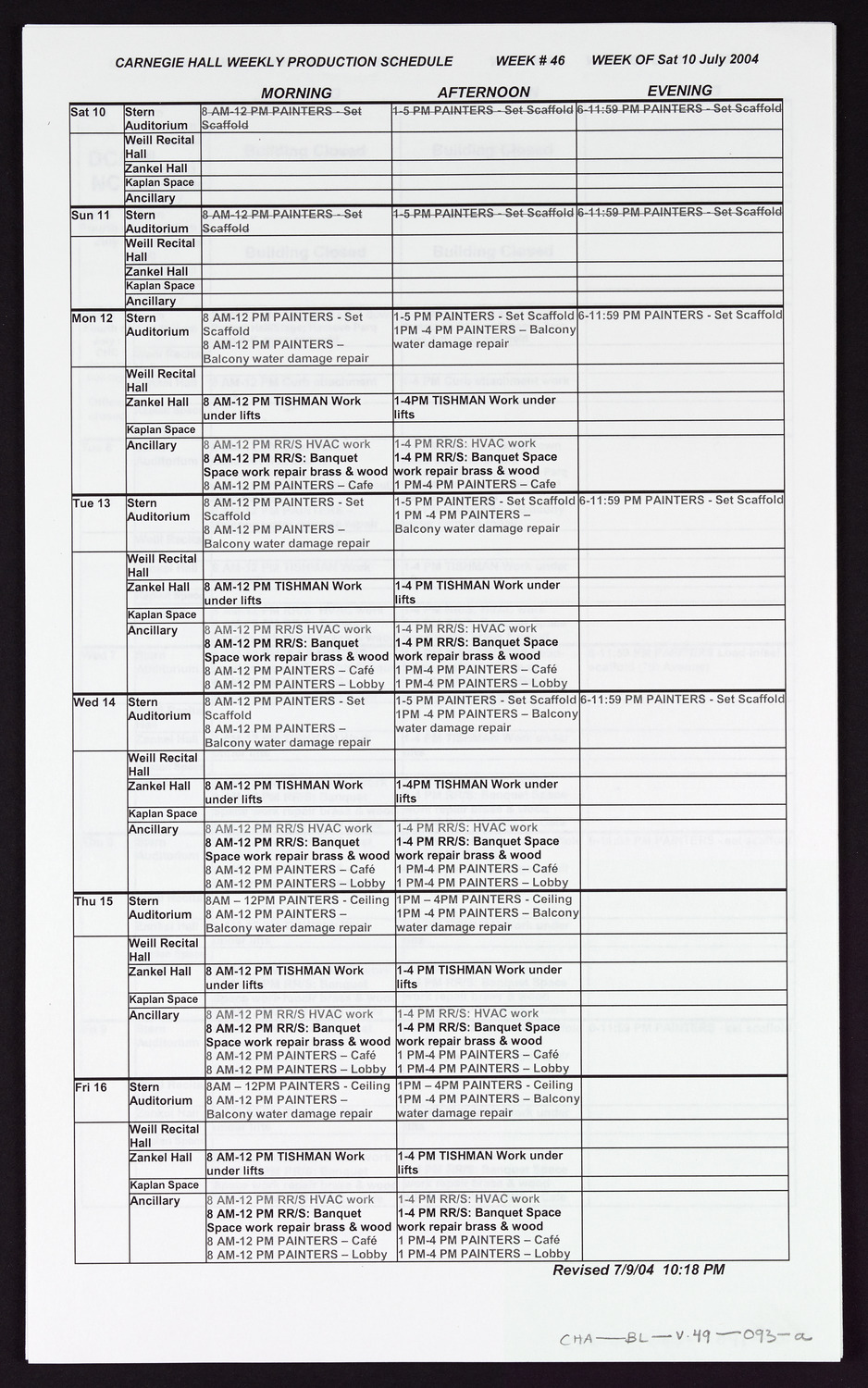 Carnegie Hall Booking Ledger, volume 49, page 93a