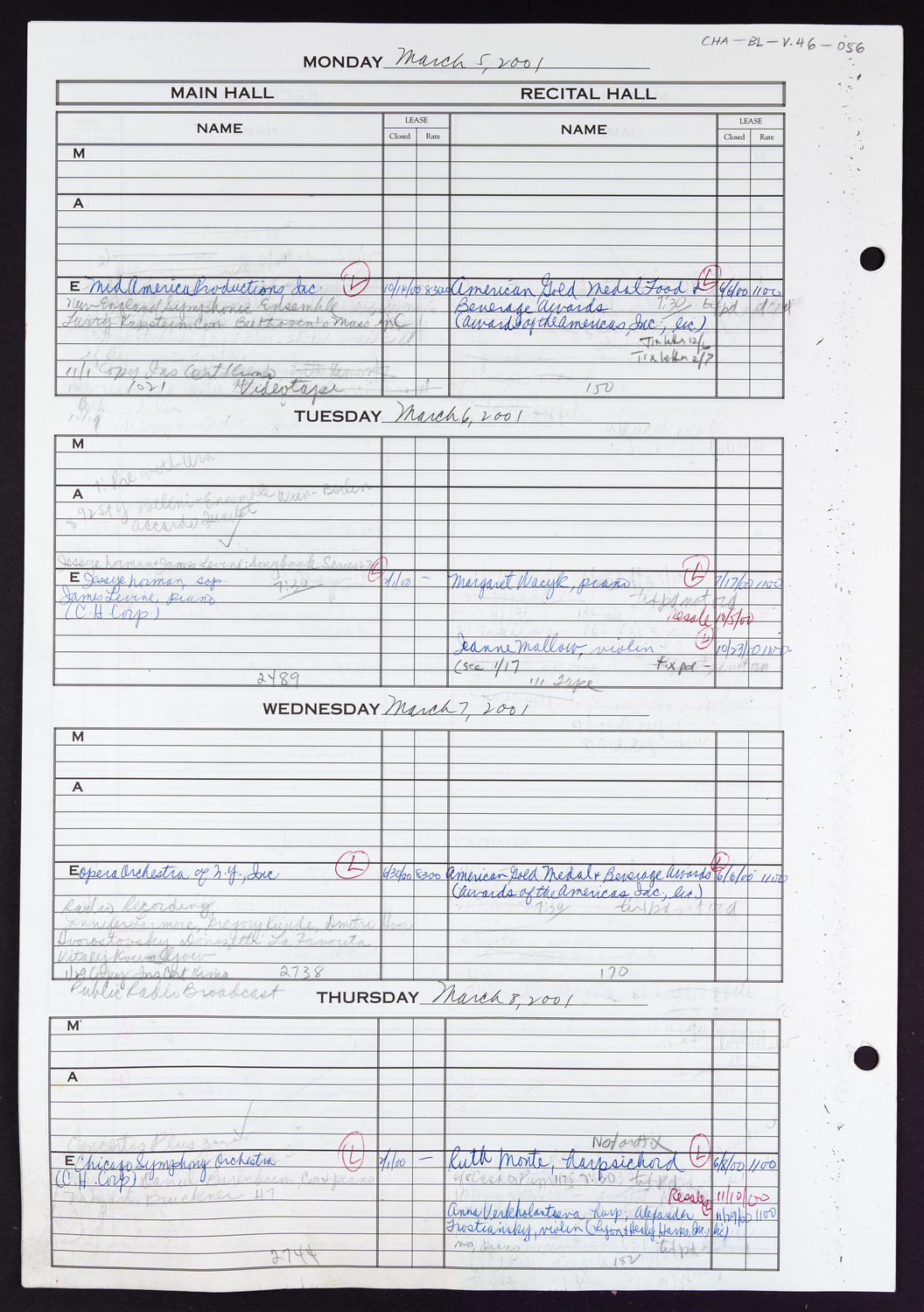 Carnegie Hall Booking Ledger, volume 46, page 56