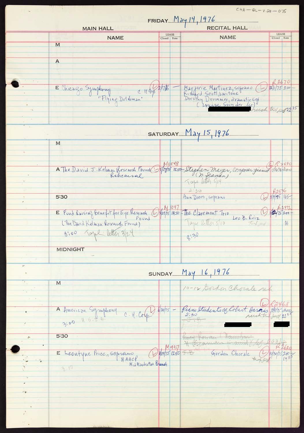 Carnegie Hall Booking Ledger, volume 21, page 75