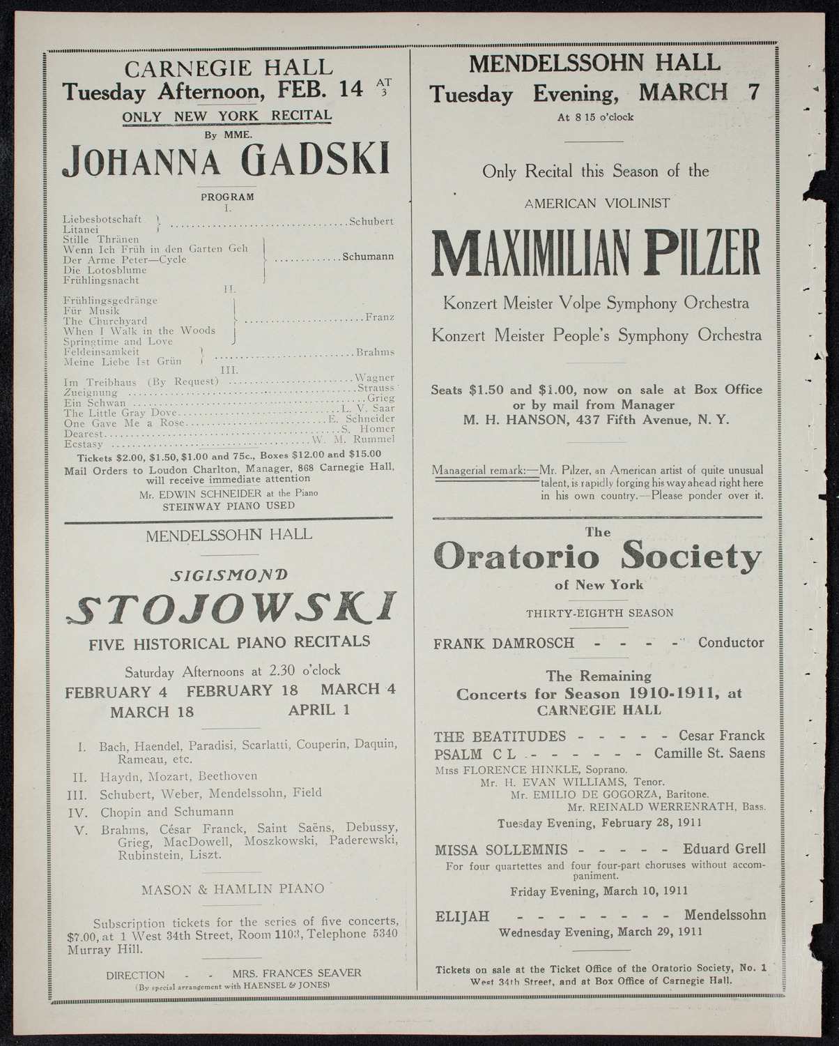 New York Philharmonic, January 31, 1911, program page 10