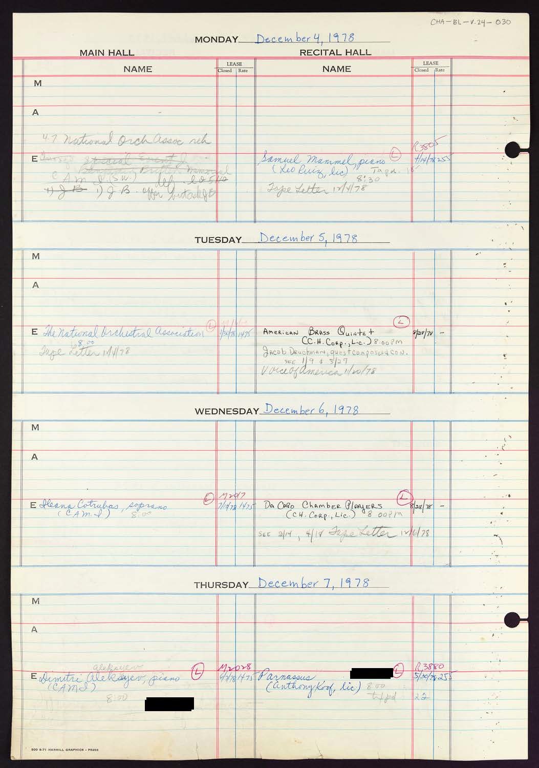 Carnegie Hall Booking Ledger, volume 24, page 30