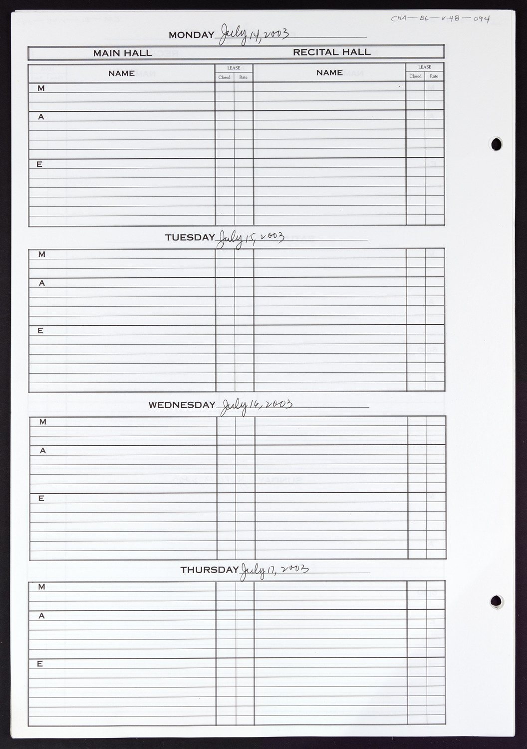 Carnegie Hall Booking Ledger, volume 48, page 94