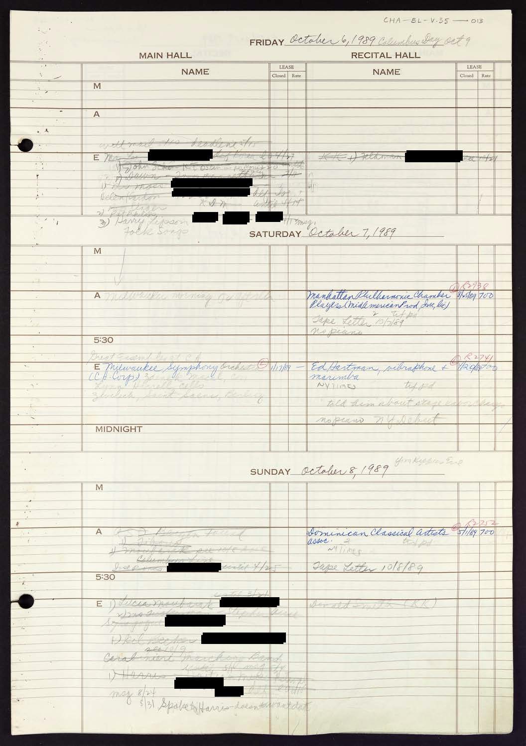 Carnegie Hall Booking Ledger, volume 35, page 13