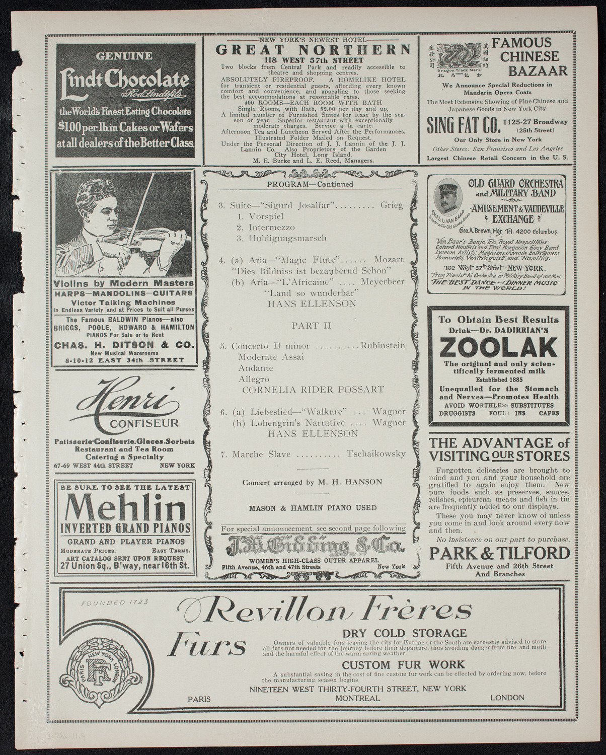 Hans Ellenson with Cornelia Rider Possart and the Volpe Symphony Orchestra, February 22, 1911, program page 7