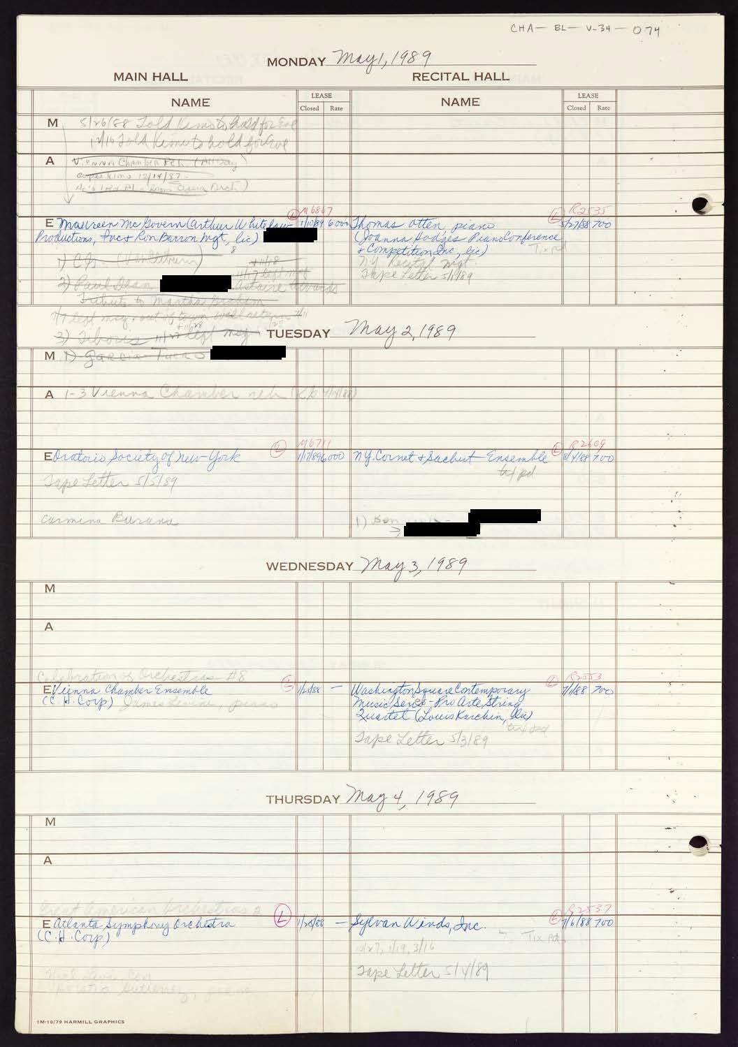 Carnegie Hall Booking Ledger, volume 34, page 74