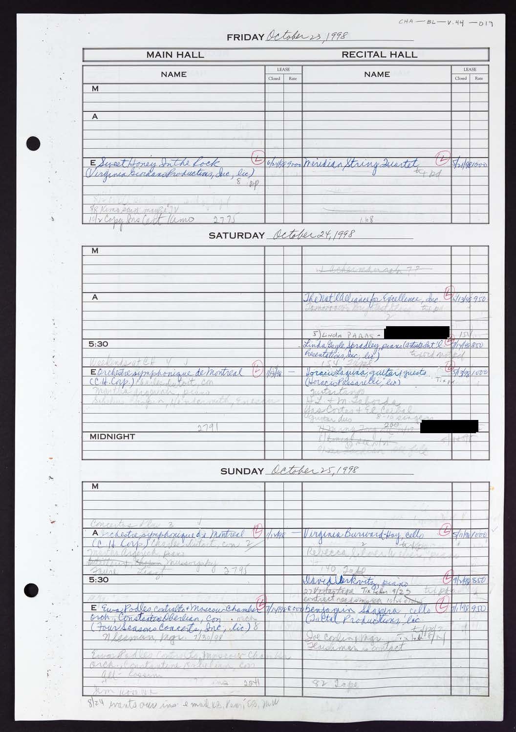 Carnegie Hall Booking Ledger, volume 44, page 19