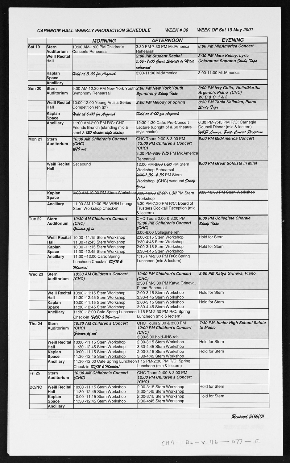 Carnegie Hall Booking Ledger, volume 46, page 77a