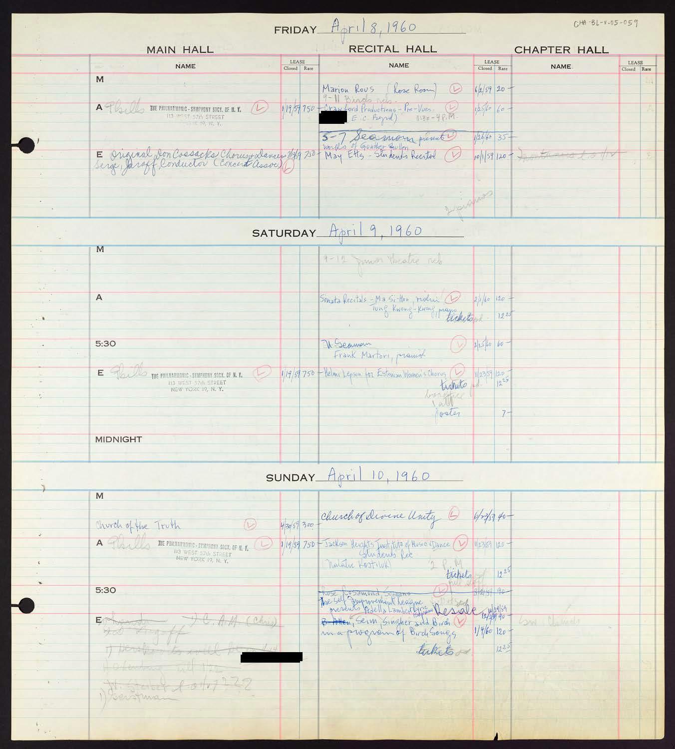 Carnegie Hall Booking Ledger, volume 5, page 59