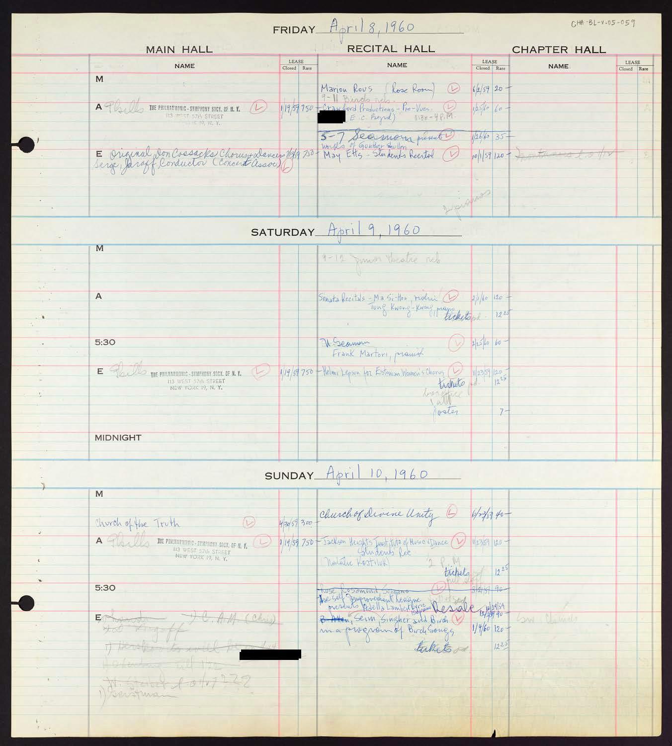 Carnegie Hall Booking Ledger, volume 5, page 59